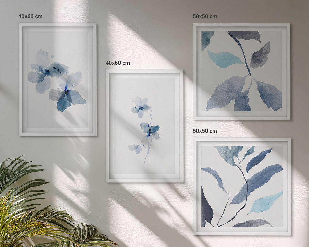 BILDER SET 4er Set - 50x50 cm & 40x60 cm Weißer Rahmen - Minimalistische blaue Blumen - Weiß, Kunststoff (50/50cm) - TULUP