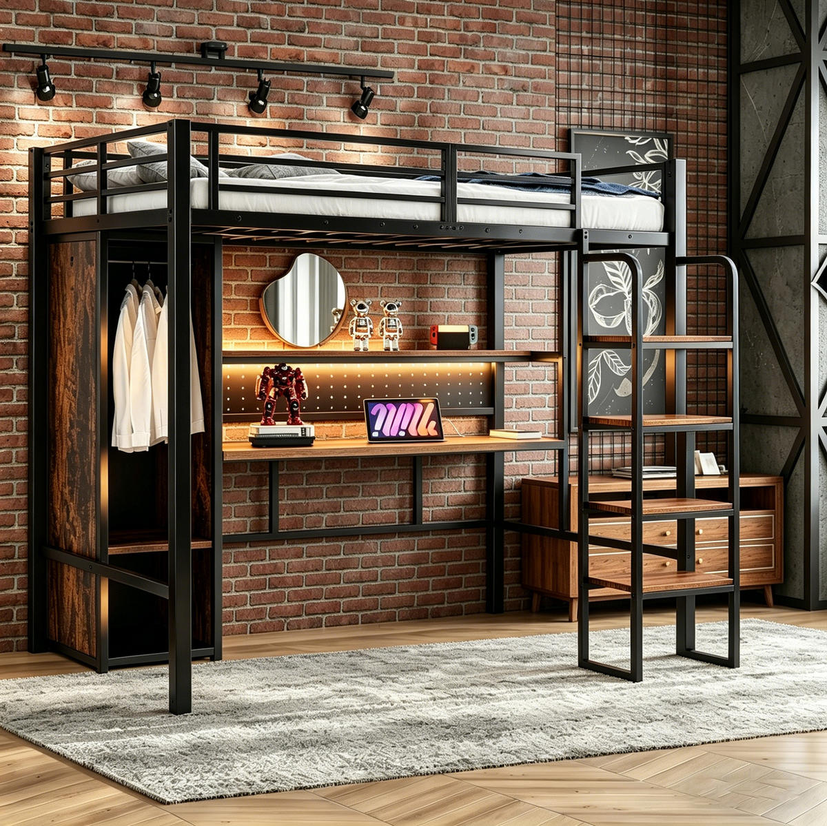 PATROVÁ postel 90/200 cm černá z kovu a MDF s psacím stolem, LED osvětlením a šatní skříní - černá, kov (90/200cm) - OKWISH