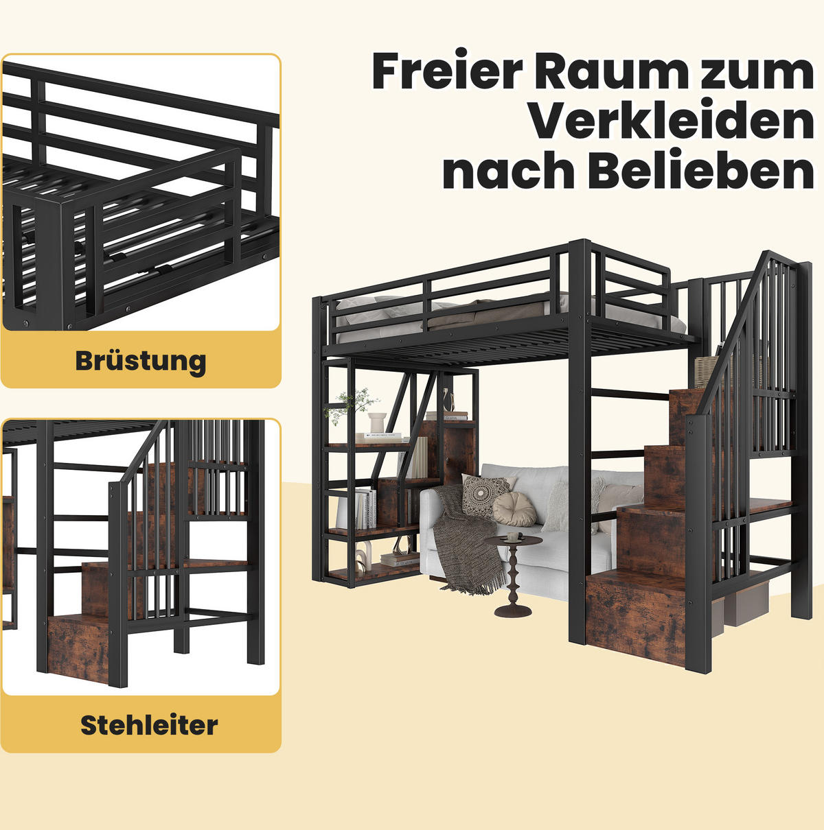 HOCHBETT 90/200 cm Schwarz aus MDF und Metall mit LED-Lichtleiste - Schwarz, Holzwerkstoff (90/200cm) - OKMYHOME