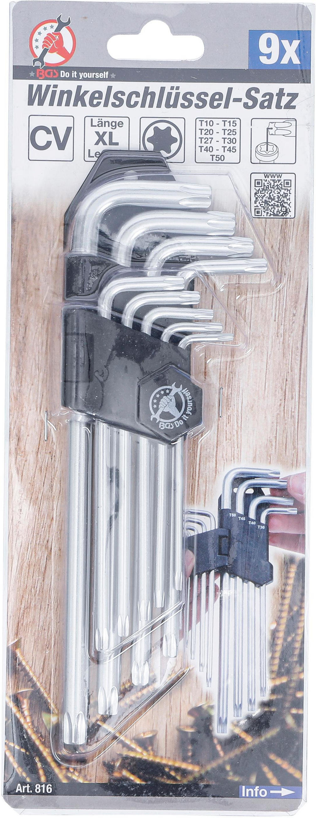 WINKELSCHLÜSSEL-SATZ | LANG | T-PROFIL (FÜR TORX) T10 - T50 | 9-TLG. - Multicolor, Kunststoff/Metall (1/1cm) - BGS technic