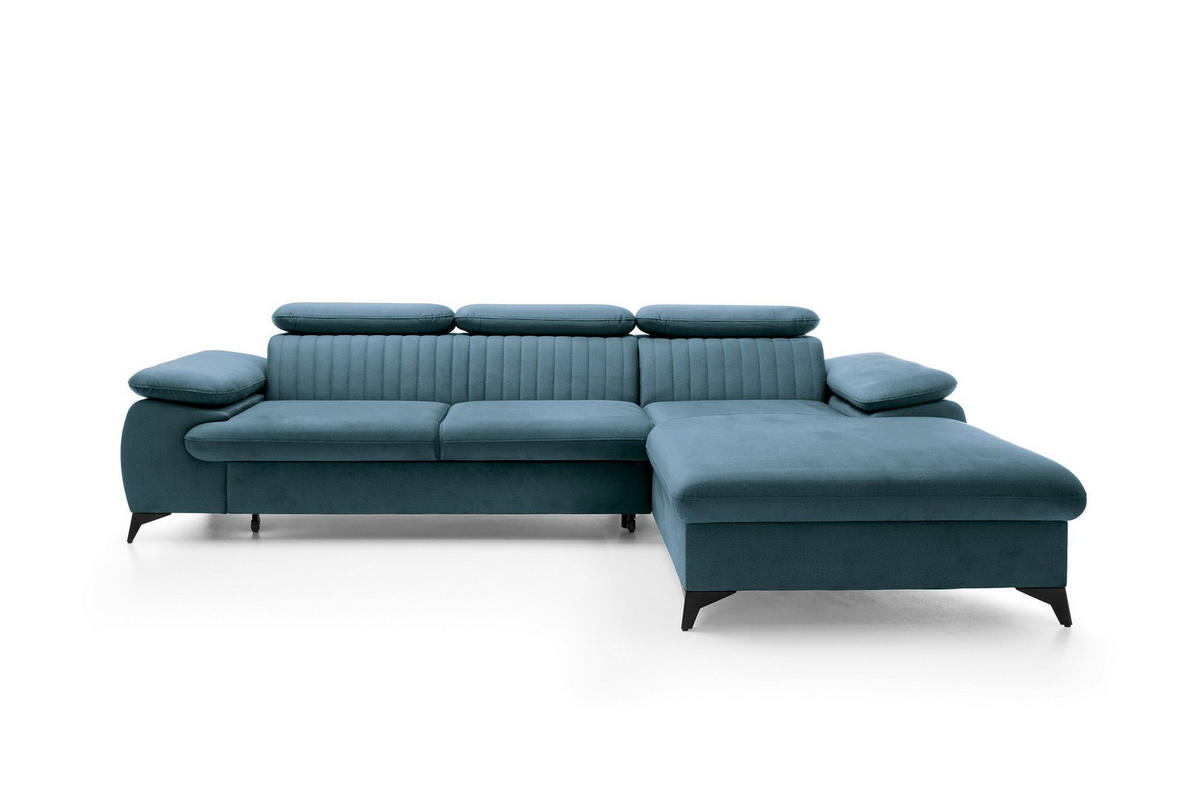 ECKSOFA FIORE Blau Velours-Stoff mit Schlaffunktion - Blau, Holz (280/193cm) - MASSENO