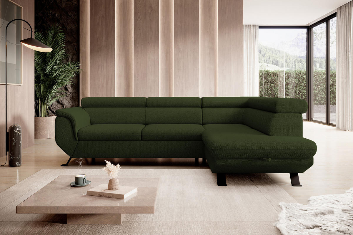 ECKSOFA Raven L mit Schlaffunktion und Bettkasten, Freistehend, Polstersofa mit Verstellbaren Kopfstützen, 257x198x96 cm – Rechte, Dunkelgrün - Waldgrün, Holz/Textil (256/198cm) - DomoHome