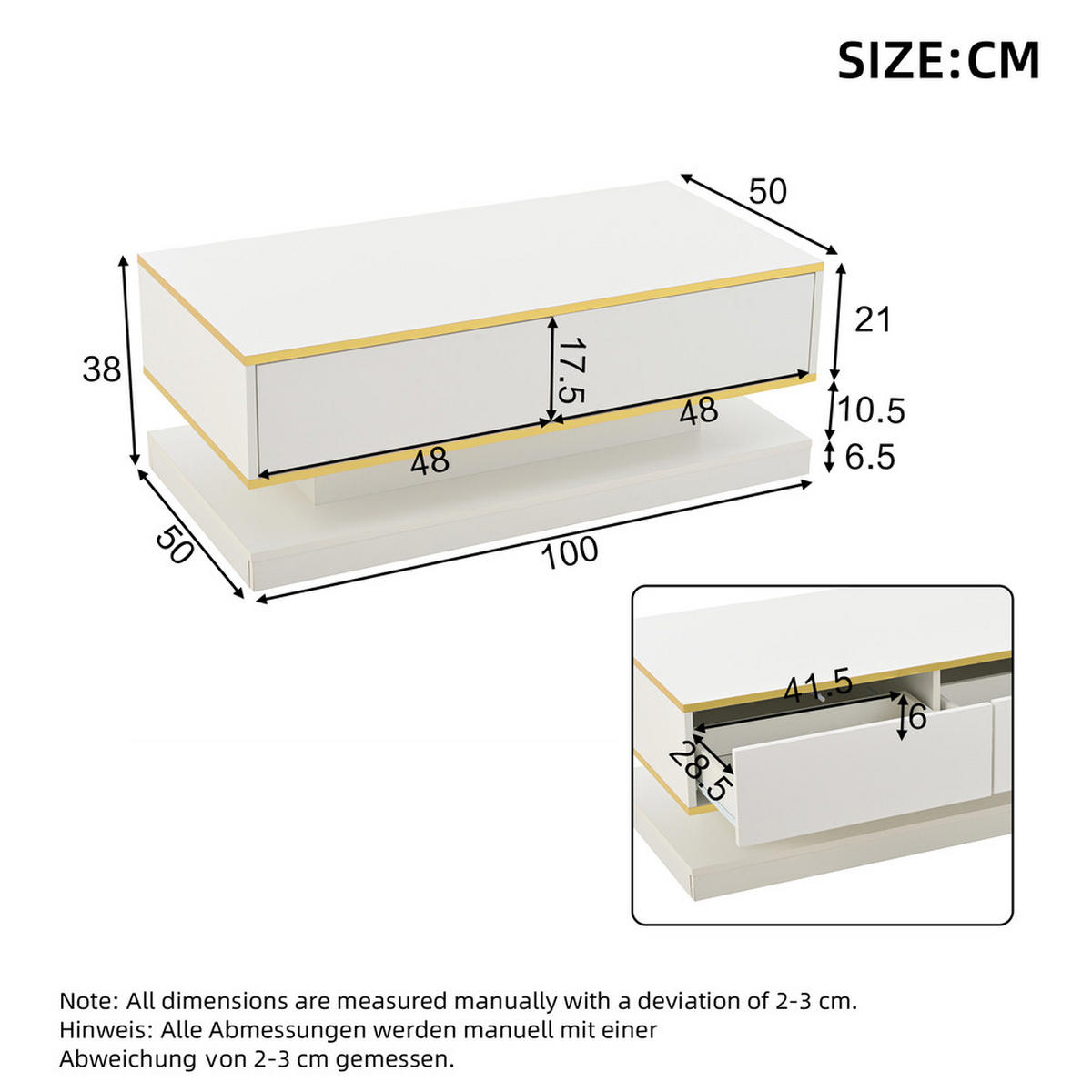 COUCHTISCH 100x50cm Hochglanz 2 Schubladen Warmweiß Gold Rand Einzigartig - Weiß, Holz (112.5/59.18/14.2cm) - FLIEKS