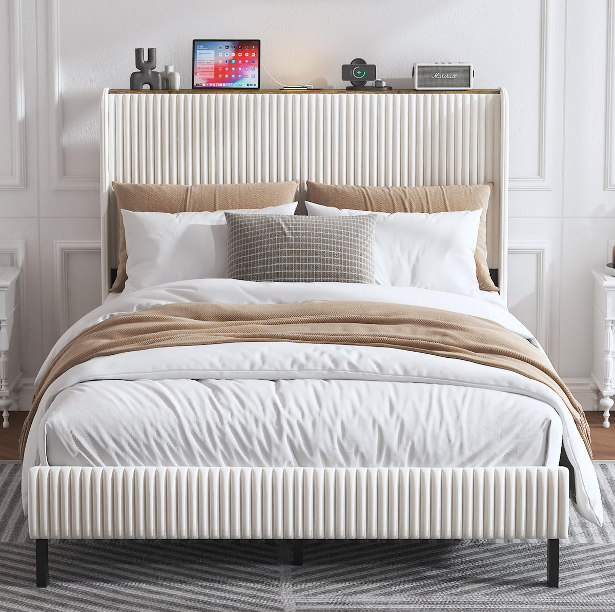 POLSTERBETT 140/200 cm mit Cordbezug, geräuscharmem Metallgestell und Flügelkopfteil, Beige, Creme - Creme, Textil (140/200cm) - Redom