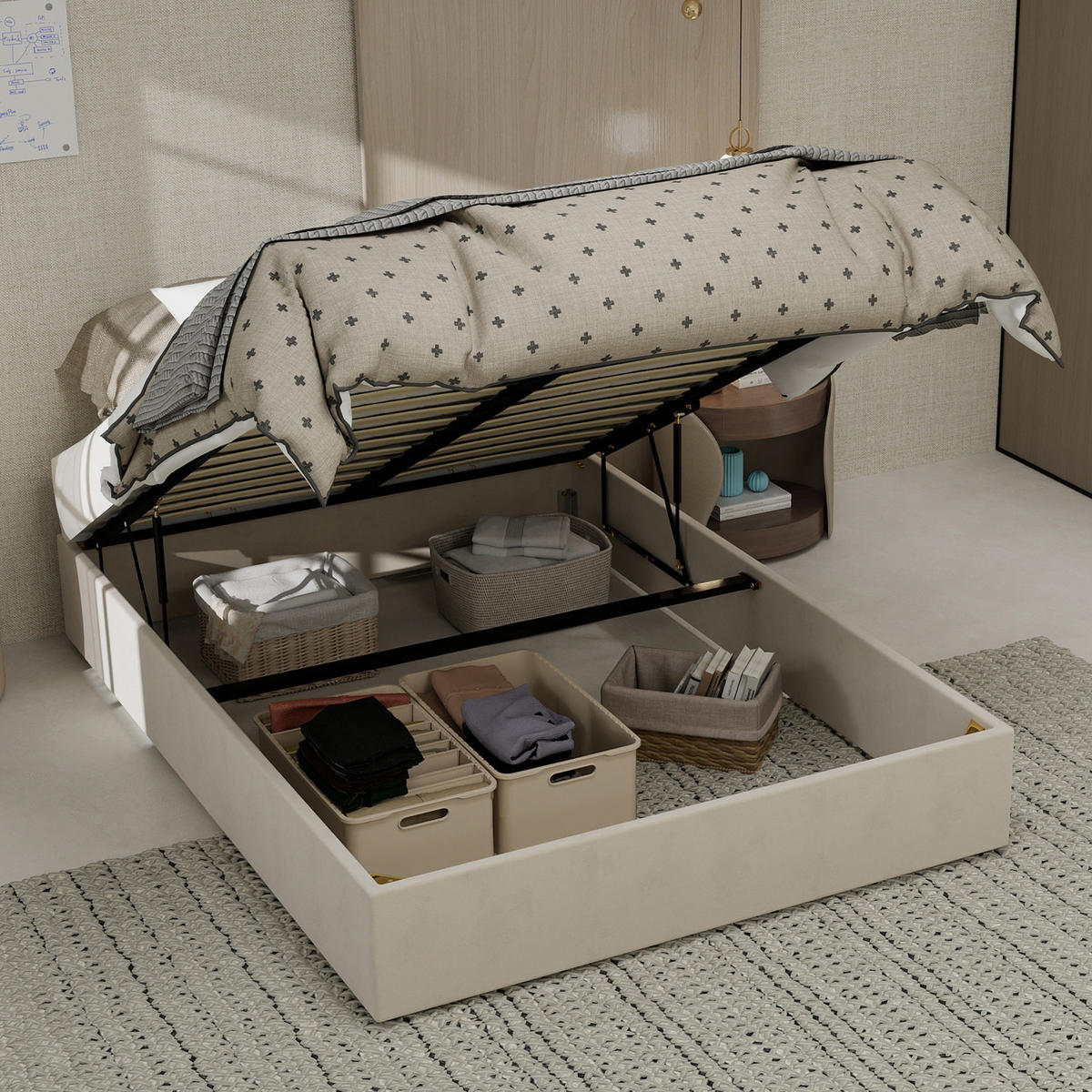 POLSTERBETT 140x200 cm Samt Stauraum hydraulisch beige - Beige, Textil (140/200cm) - Fortuna Lai