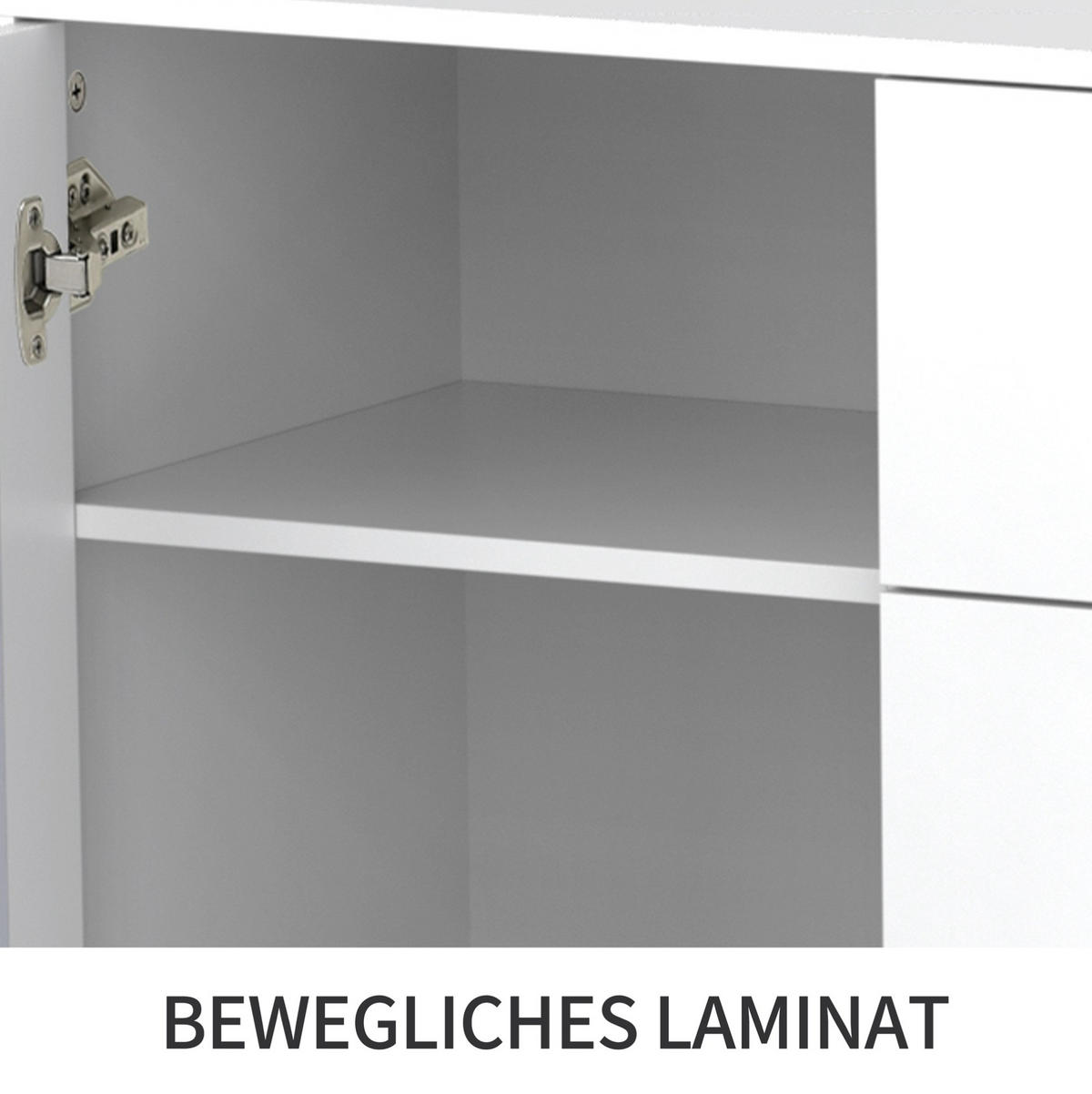 SIDEBOARD mit weißer Spiegeloberfläche und Kristallgriffen, 4 Schubladen und 2 Türen, 147/40/102 cm, Weiß - Weiß, Holzwerkstoff (147/102/40cm) - Redom