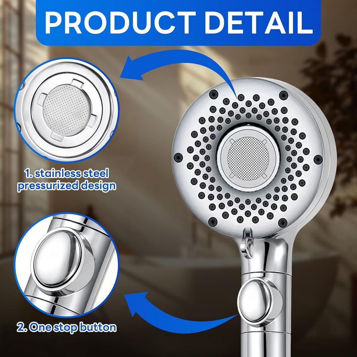 HANDBRAUSE mit 6 Strahlarten und Wasserstopp-Funktion - Silberfarben, Metall (10/12.7/21cm)