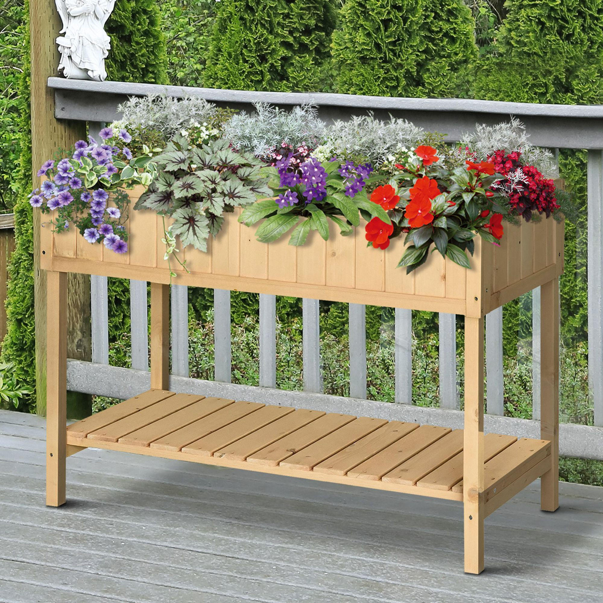 PFLANZTISCH Hochbeet Blumenkasten mit Abfluss Ablage, Tanne Massivholz, Natur - Fichtefarben, Holz (120/60/81cm) - Outsunny