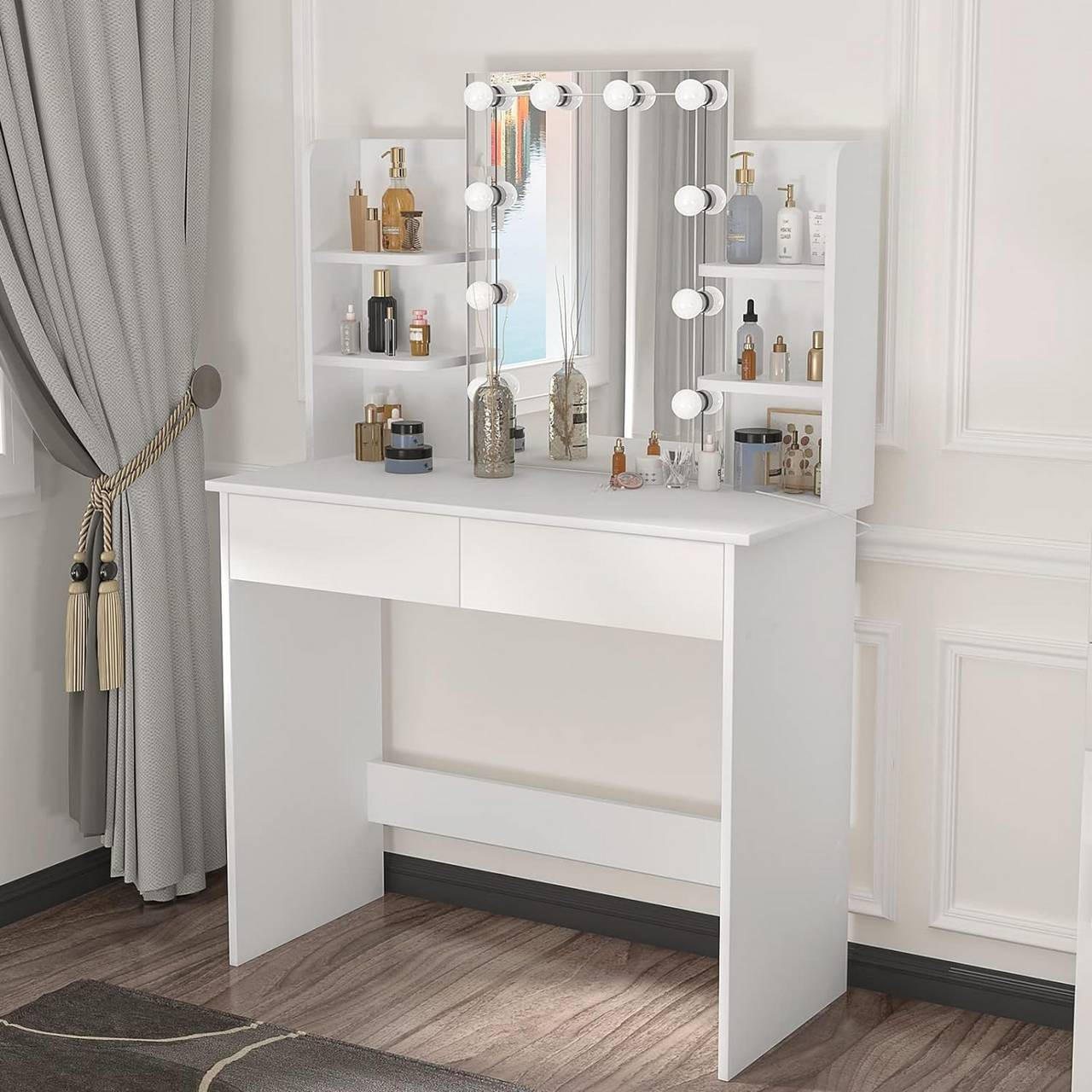 SCHMINKTISCH mit LED-Beleuchtung 90 cm Weiß - Weiß, Glas/Holzwerkstoff (90/40/135cm) - Woltu