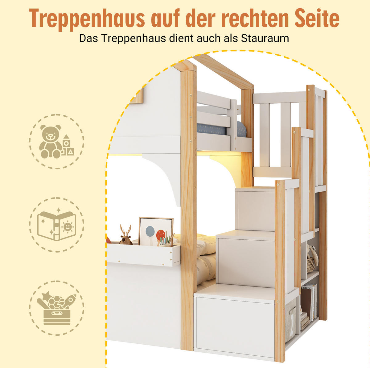 ETAGENBETT 90/200 cm Weiß aus Kiefernholz mit Stauraumtreppe und LED-Beleuchtung - Weiß, Holzwerkstoff (90/200cm) - OKWISH