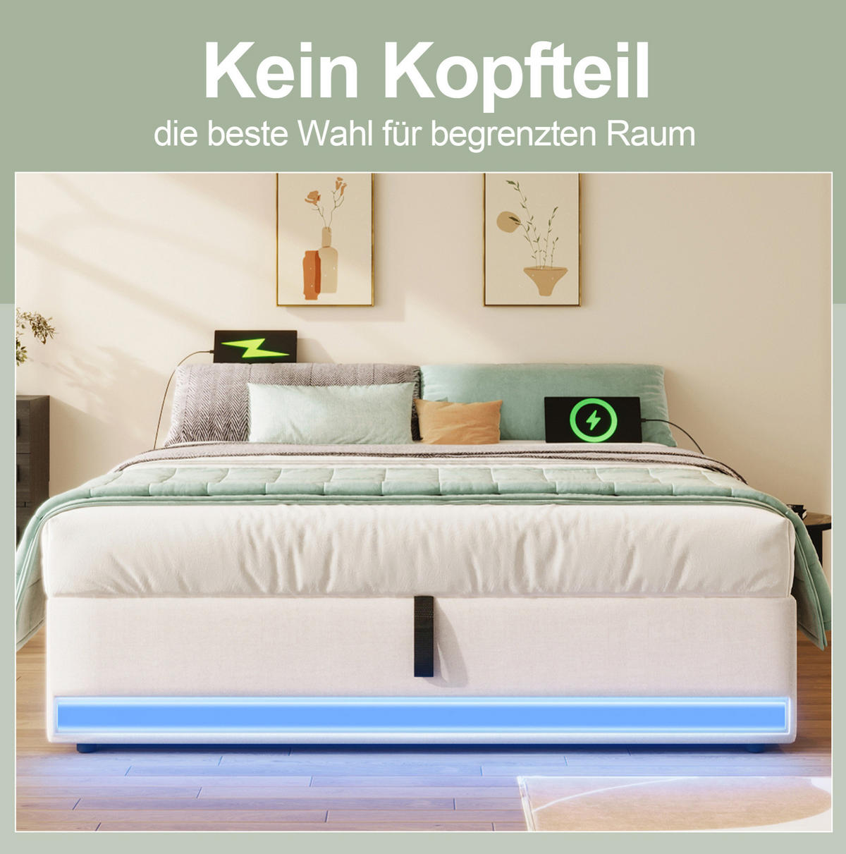 POLSTERBETT mit Leinenbezug 140x200 cm Beige mit hydraulischem Stauraum, LED-Leiste, USB und USB-C - Beige, Textil (140/200cm) - IVMEU