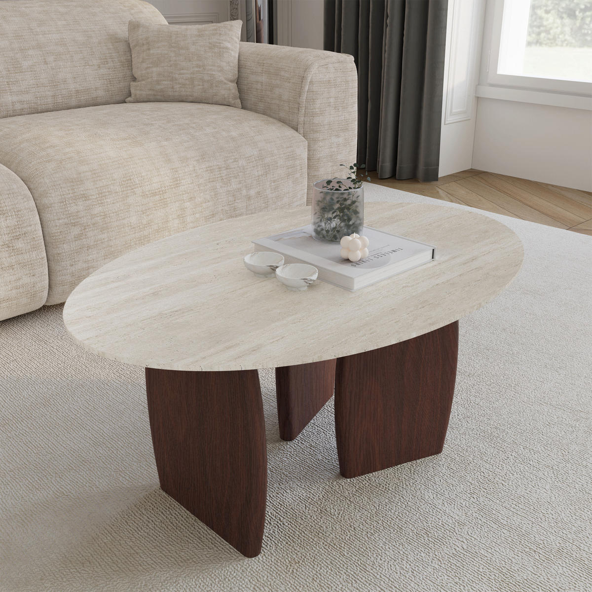 COUCHTISCH Keramik Travertin und Walnuss 90cm - Beige, Keramik (60/90/40cm) - Sia Home