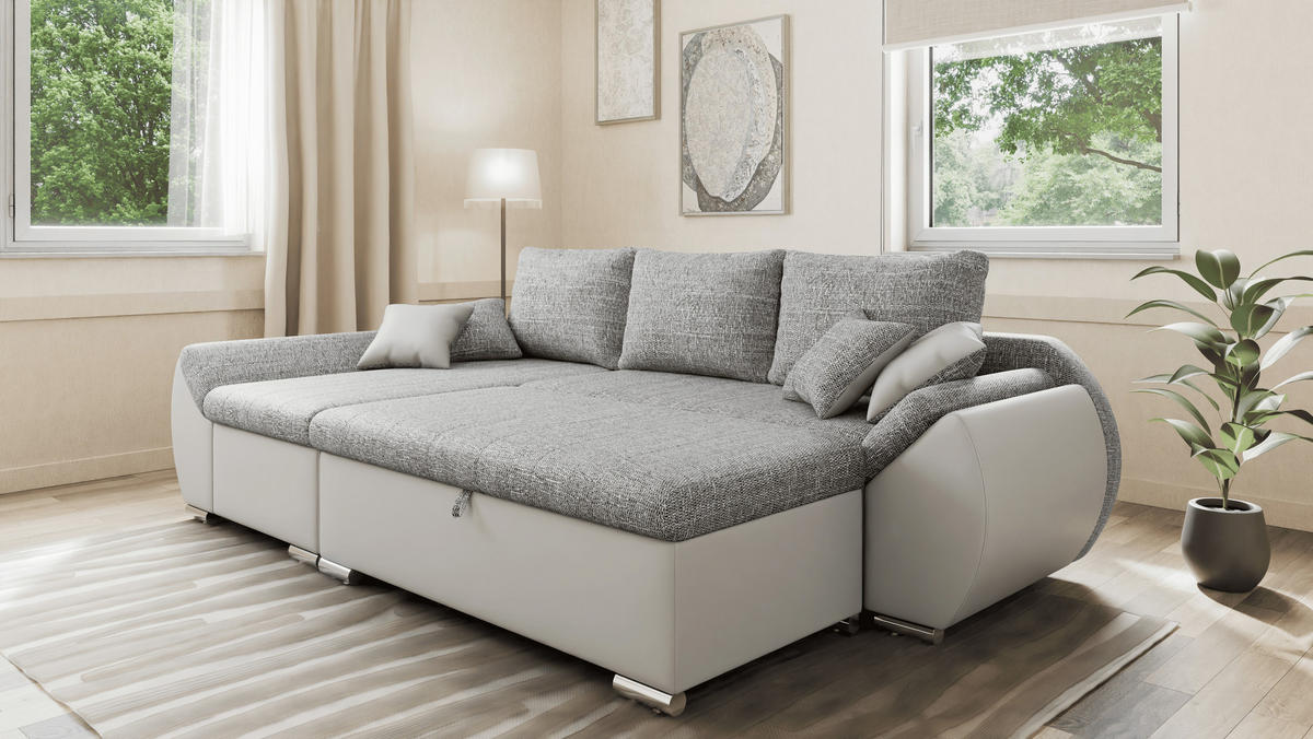 ECKSCHLAFSOFA ALEX – Grau + Weiß (Lawa 05 + Soft 17) + Hocker - Links - Weiß, Holzwerkstoff/Metall (275/155cm) - Möblo