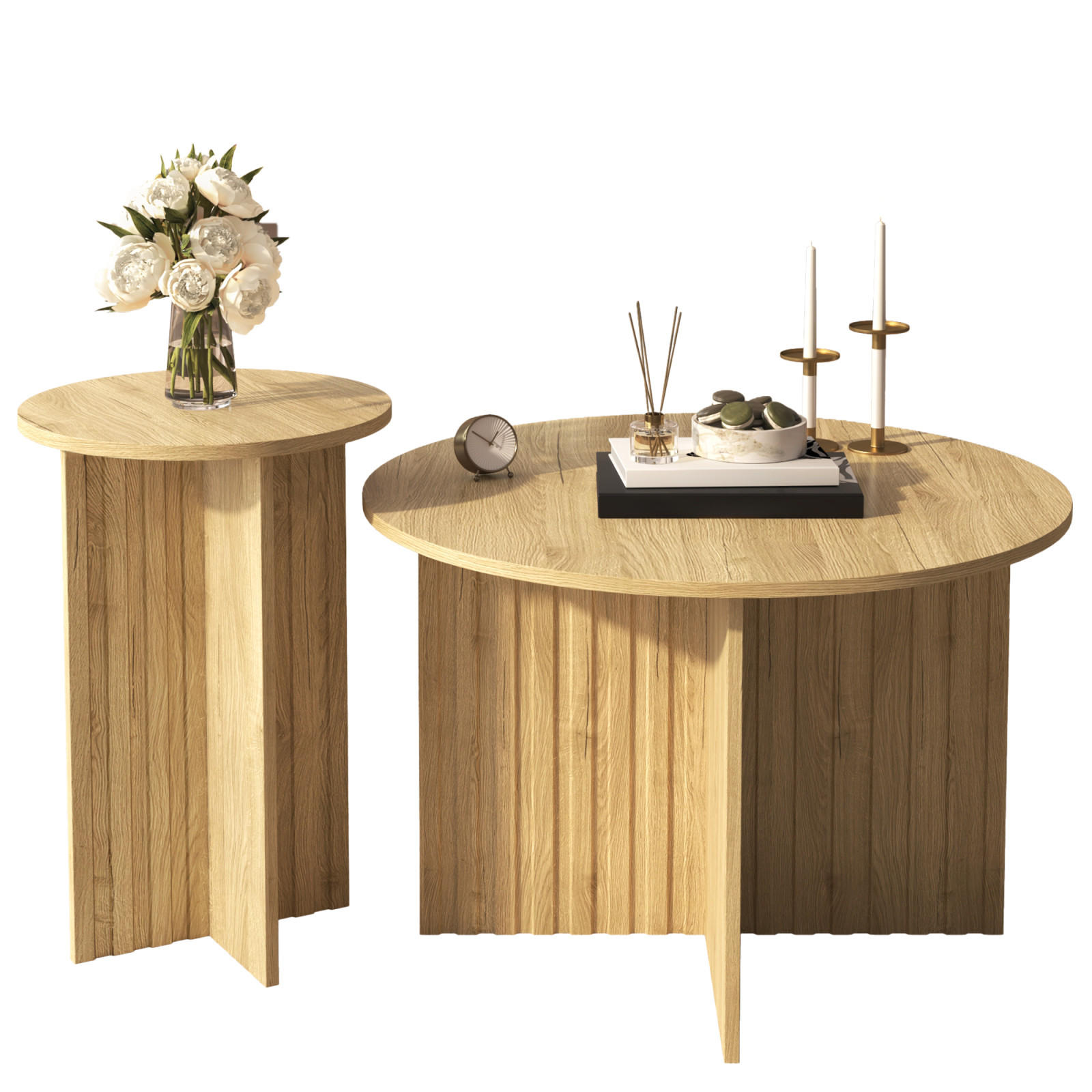 COUCHTISCH-SET Holz, rund im skandinavischen Design - Cognac, Metall (76/76/50cm)