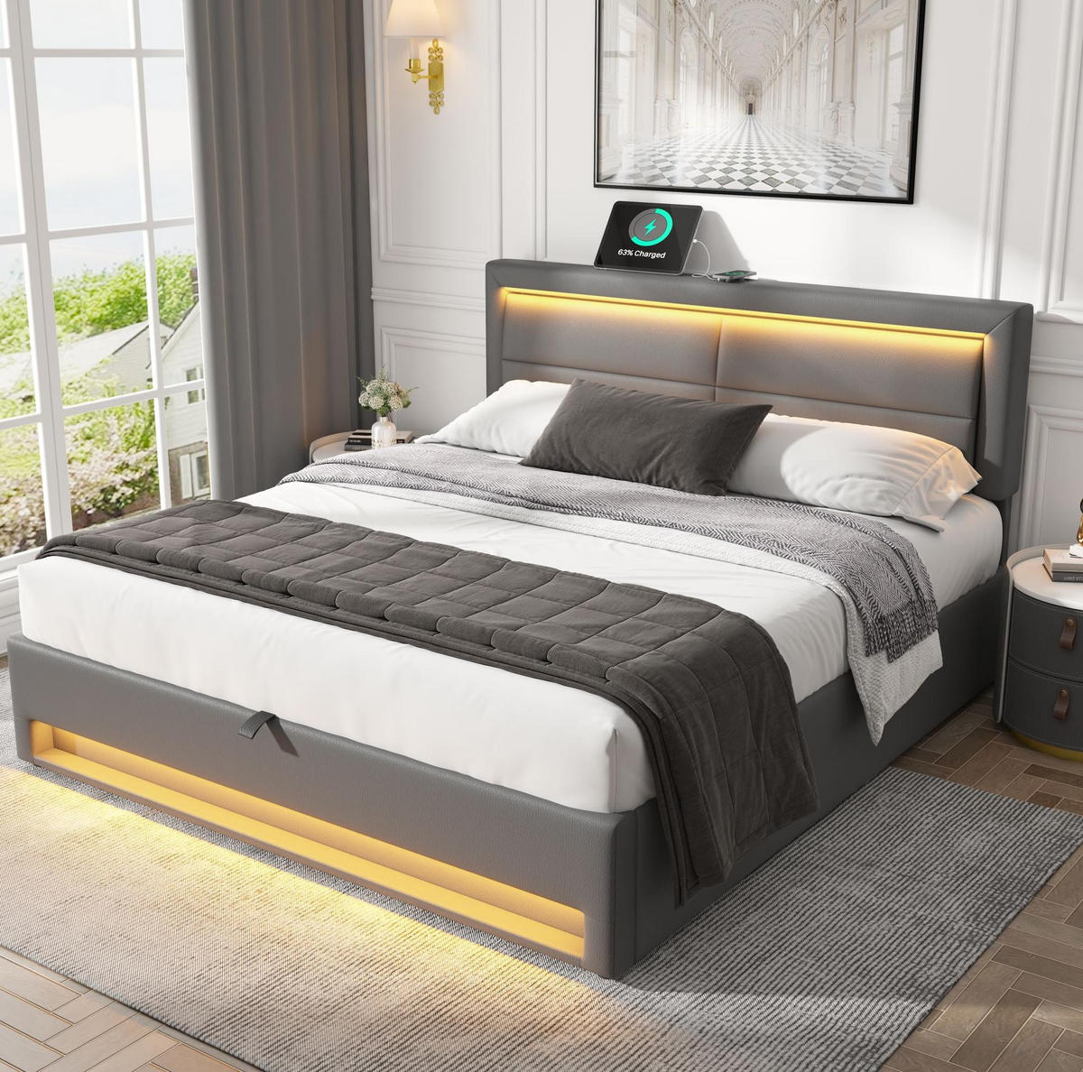 POLSTERBETT mit Stauraum, USB und LED 160x200 cm PU Grau - Grau, Metall (160/200cm) - Meubliv