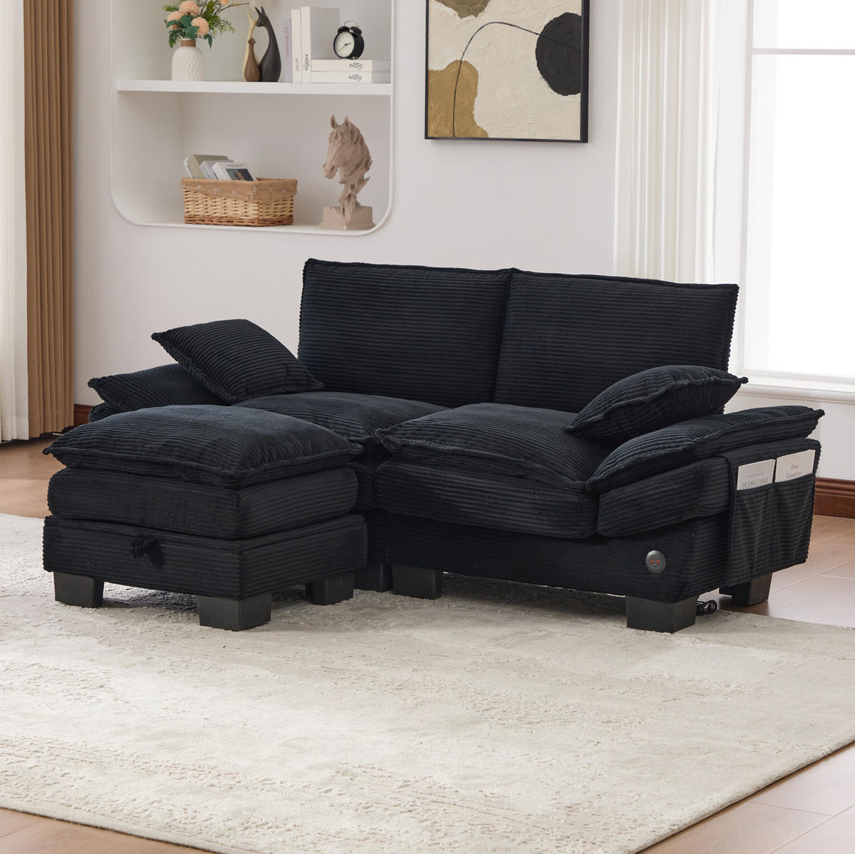 ECKSOFA aus Corduroy 190x132x84 cm in Schwarz mit Hocker & USB-C - Schwarz, Textil (132/190cm) - Modfu