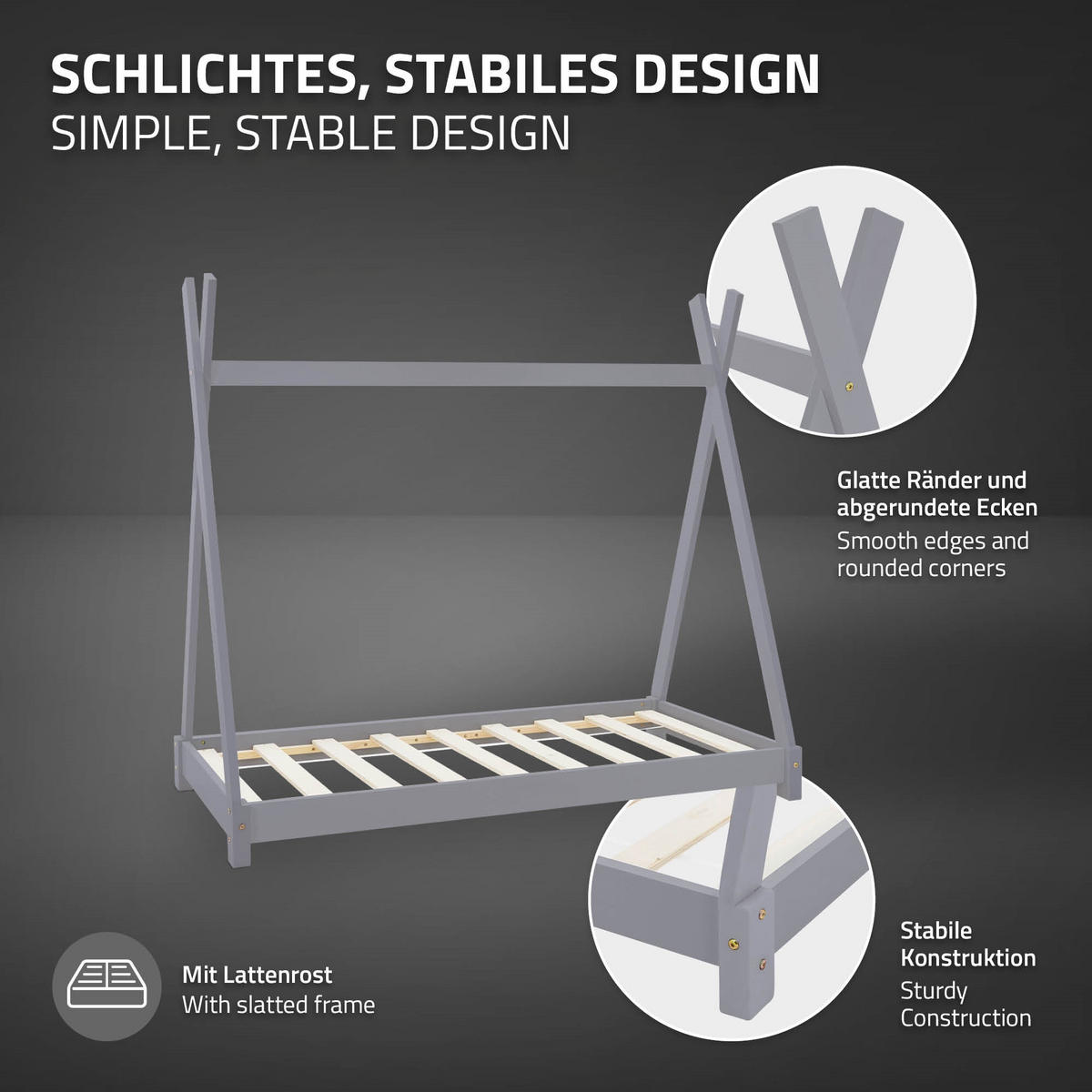 KINDERBETT Tipi mit Matratze 80x160 cm Hellgrau - Hellgrau, Holz (80/160cm) - ML-DESIGN