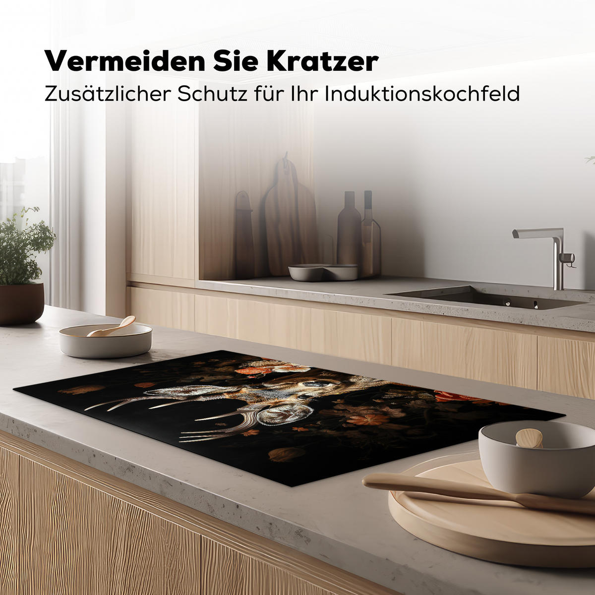 HERDABDECKPLATTE Hirsch - Tier - Blumen - Natur - Botanisch 89x51 cm - Kupferfarben, Kunststoff (89.6/0.2/51.6cm) - MuchoWow