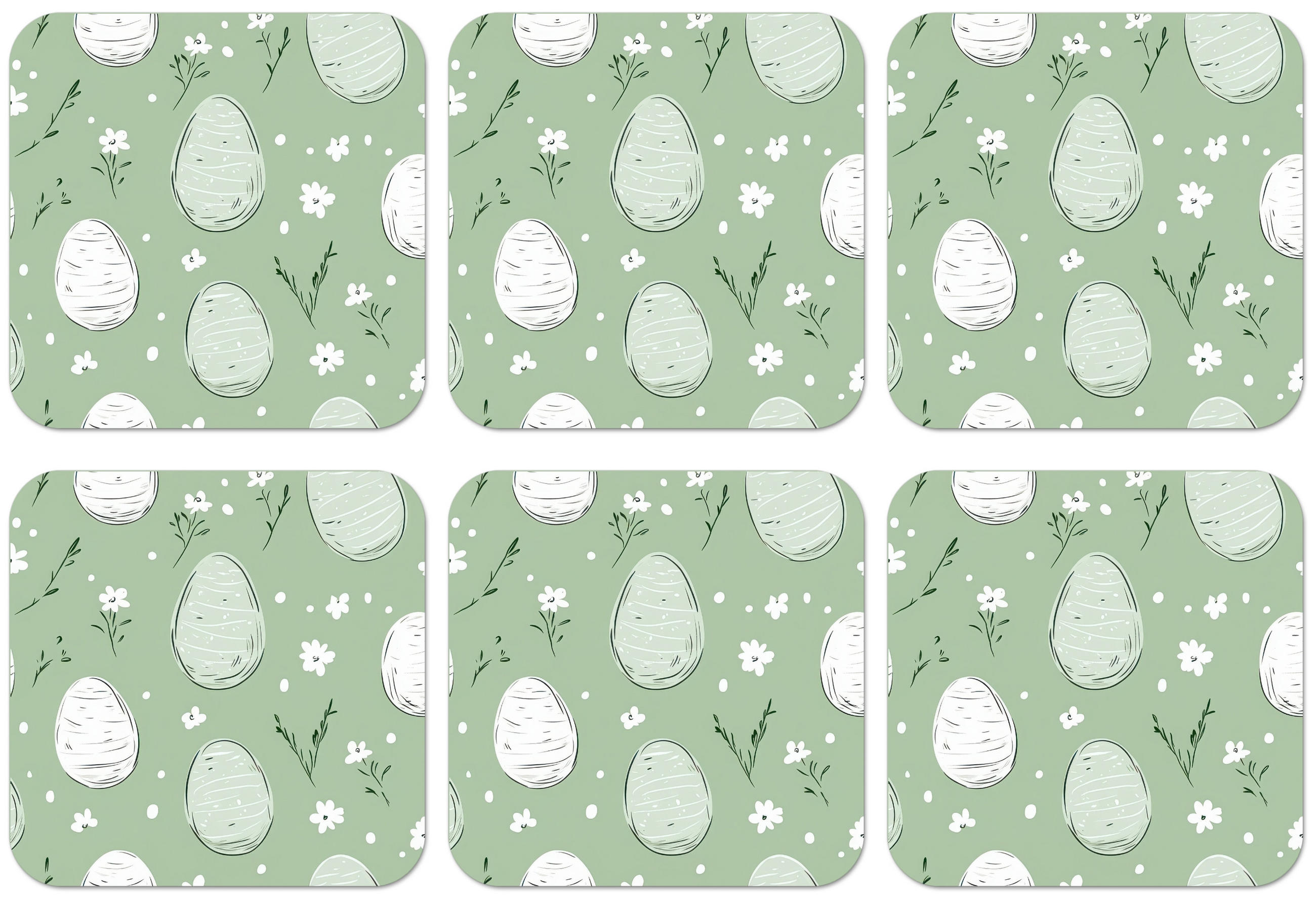 GLASUNTERSETZER 6er-Set Grün - Eier - Muster Tischset für Gläser 10x10 cm - Hellgrün, Naturmaterialien (10/0.2cm) - MuchoWow
