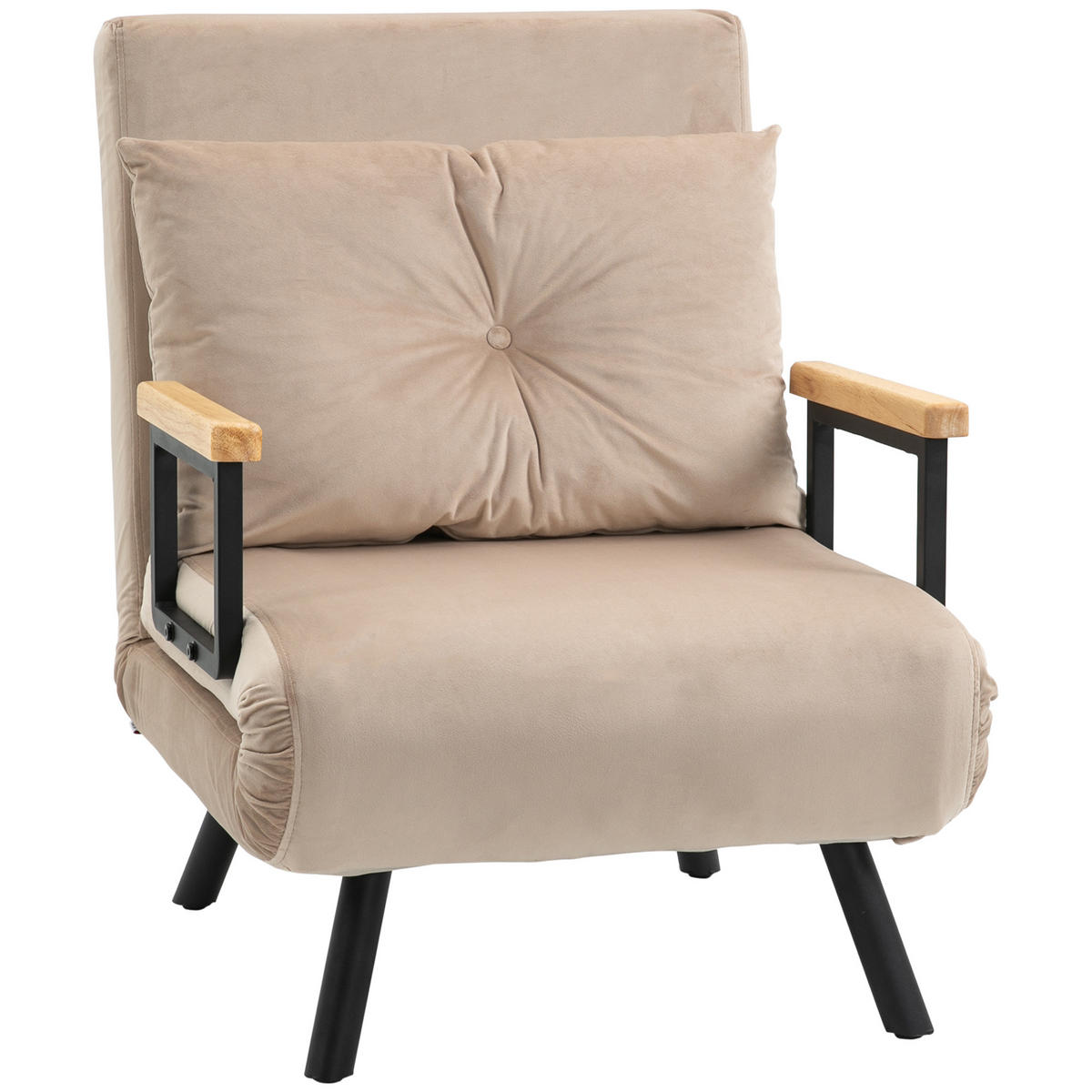 SCHLAFSESSEL, Einzelsofa mit Bettfunktion, Relaxsessel mit Rückenkissen Beige - Beige/Schwarz, Holz/Textil (73/81/63cm) - HOMCOM