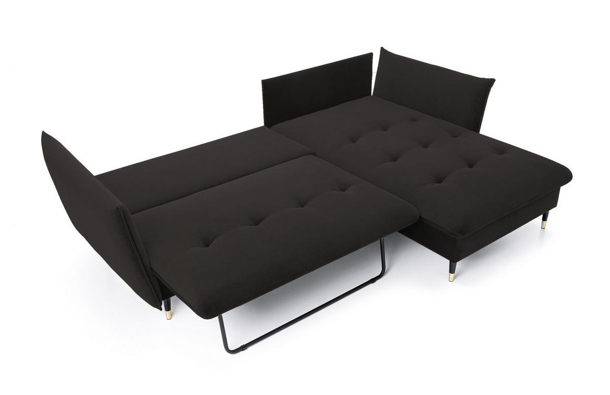 ECKSOFA GLAM mit Schlaffunktion, Ottomane & goldenen Füßen – Samtsofa im Glamour-Stil mit Zierkissen, 258x167x91 cm, rechte, schwarz - Schwarz, Holz/Textil (258/167cm) - DomoHome