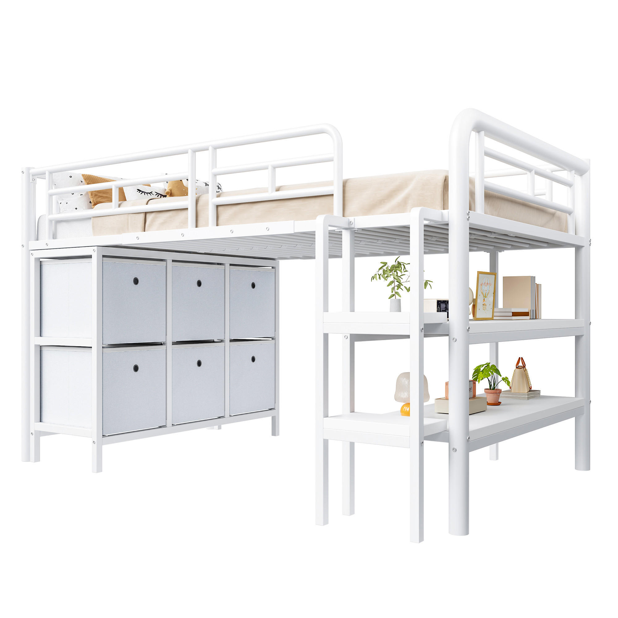 HOCHBETT 90/200 cm Weiß mit Stauraum und breiter Treppe aus Metall - Weiß, Metall (90/200cm) - OKWISH