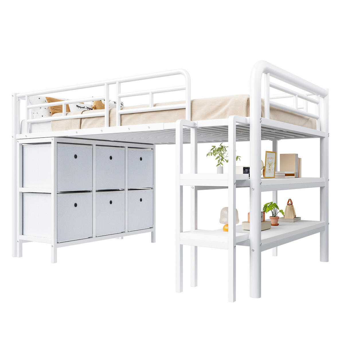 HOCHBETT 90/200 cm Weiß mit Stauraum und breiter Treppe aus Metall - Weiß, Metall (90/200cm) - OKWISH