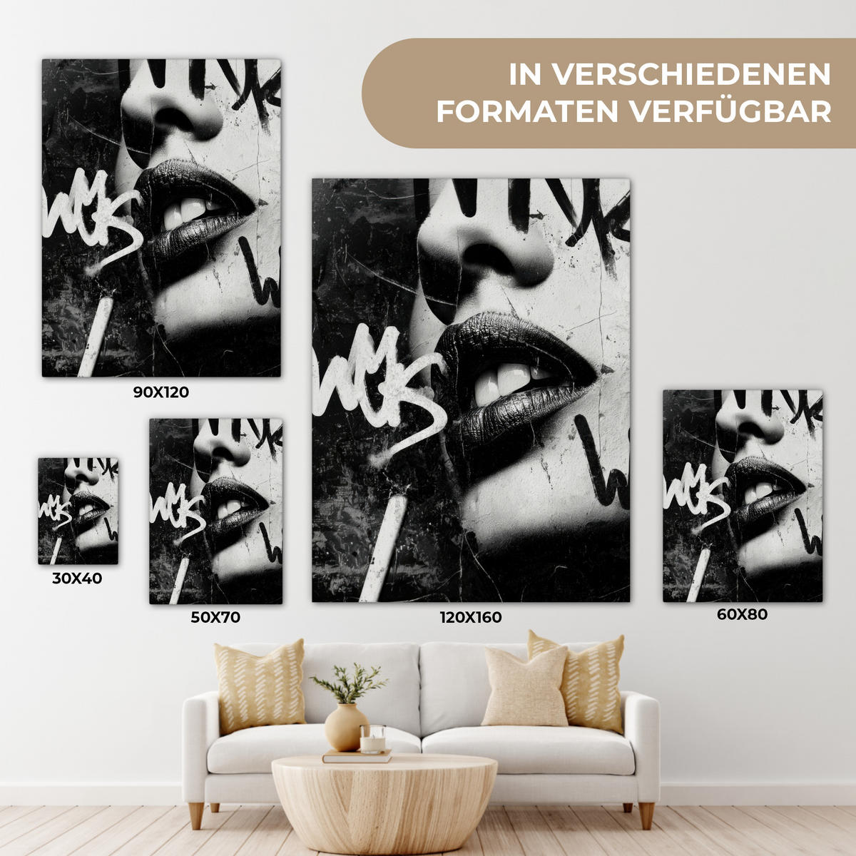 LEINWANDBILD Gesicht - Mund - Graffiti - Schwarz Room Decor 30x40 cm - Schwarz, Textil (30/40cm) - MuchoWow