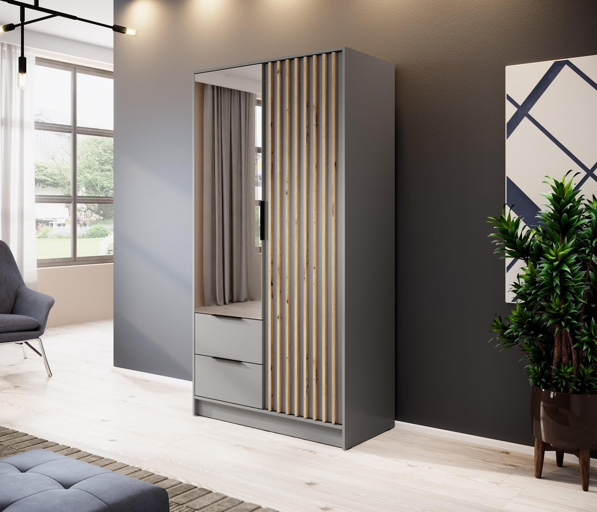 KLEIDERSCHRANK Nelly Grau, Artisan Eiche Lamellen, Schrank Zweitürige, Garderobe mit Spiegel - Grau, Holzwerkstoff (105/200/51cm) - Bettso