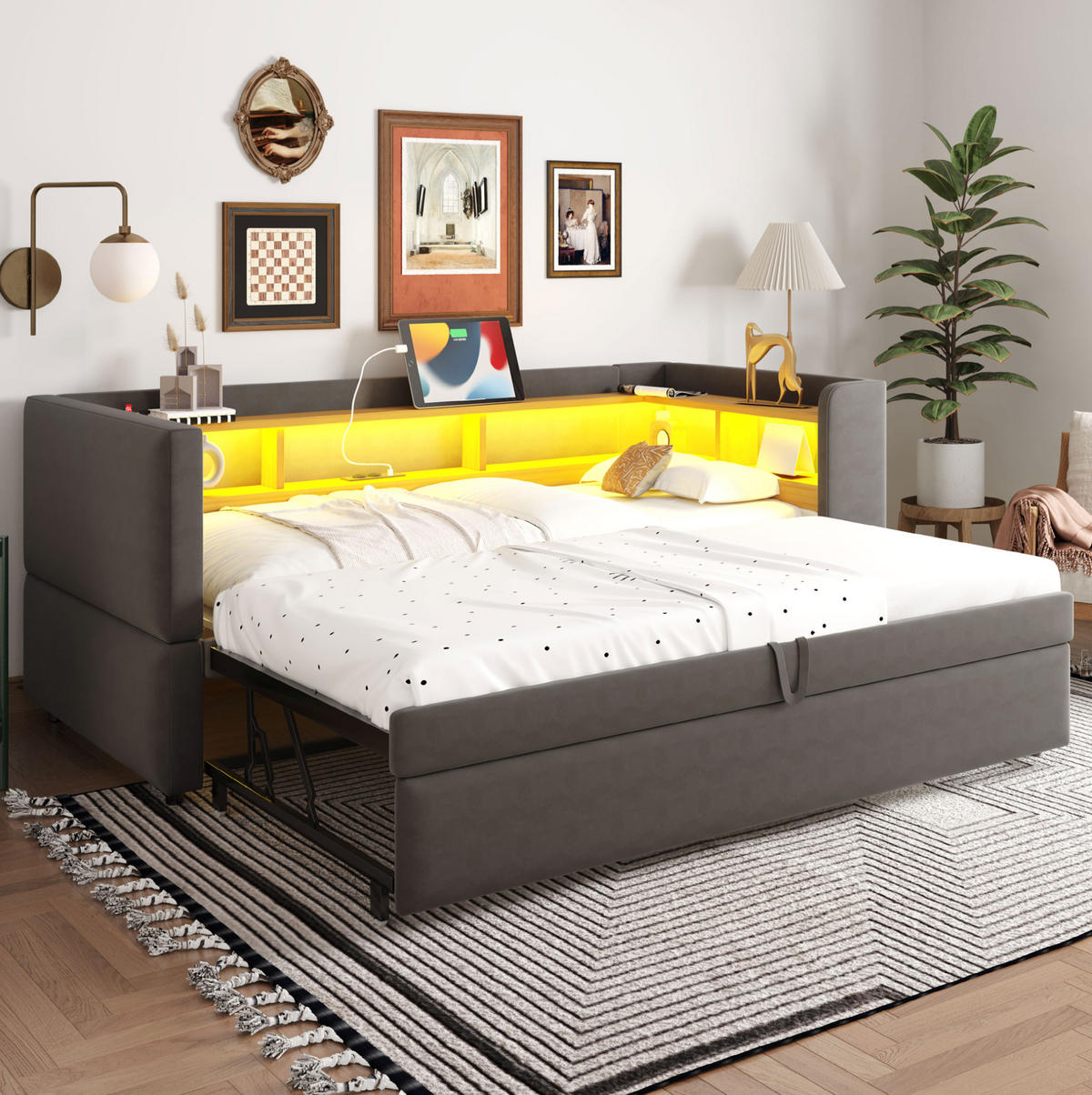 SCHLAFSOFA 90/190 cm mit LED-Beleuchtung, Steckdosen, Ablagefächern und Flanellbezug, Dunkelgrau - Dunkelgrau, Textil (199/80/211cm) - Redom