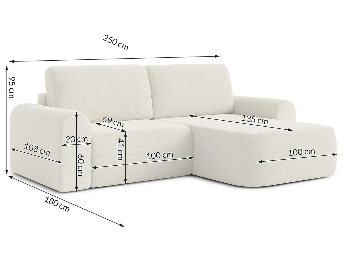 ECKSOFA L Form Otterton Creme 250/180/95 cm Rechts mit Schlaffunktion - Creme/Schwarz, Kunststoff/Textil (250/180cm) - AX Living
