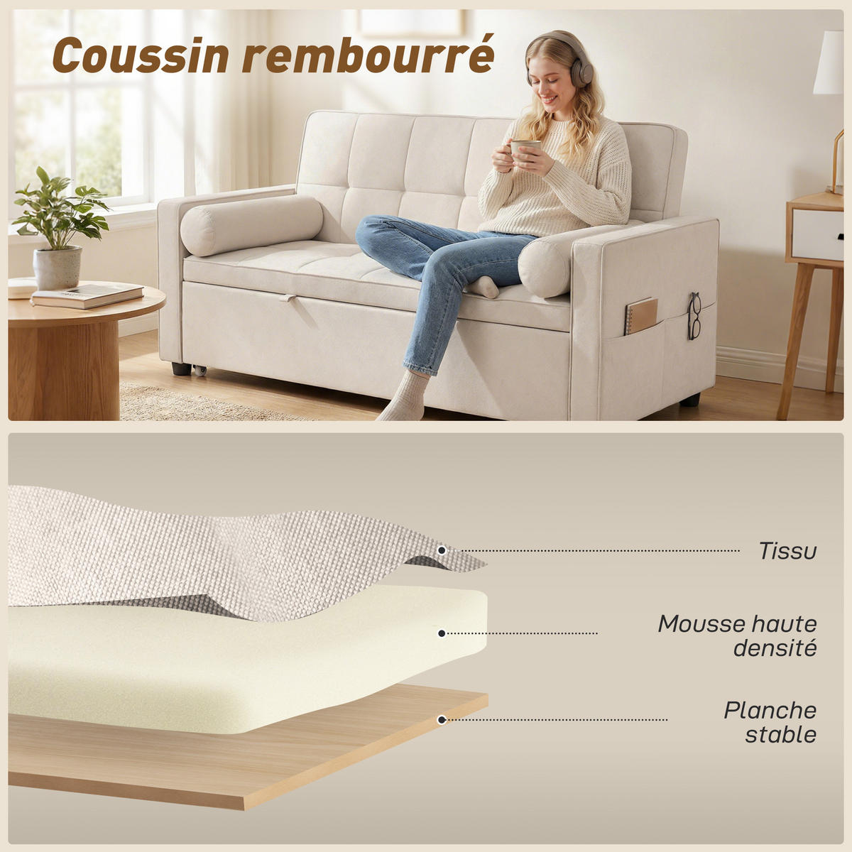 SCHLAFSOFA 2-Sitzer DE-14660 3-in-1 & 7-fach verstellbar Beige - Beige, Metall (137.5/84/80.5cm) - ComfortXL