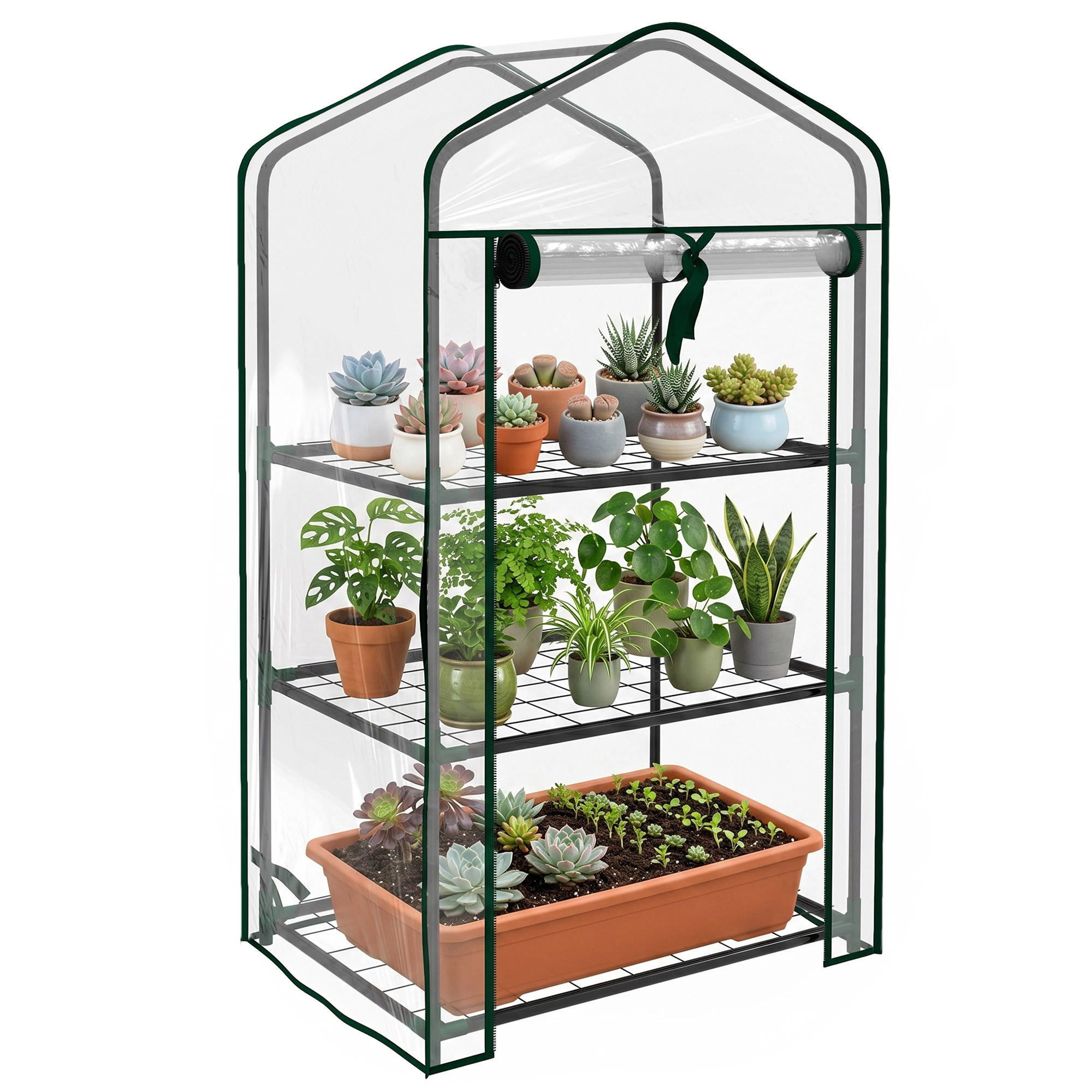 GEWÄCHSHAUS DE-11961 mit 3 Etagen & Reißverschlusstür Transparent & Grün - Transparent, Kunststoff (39/127/59cm) - ComfortXL