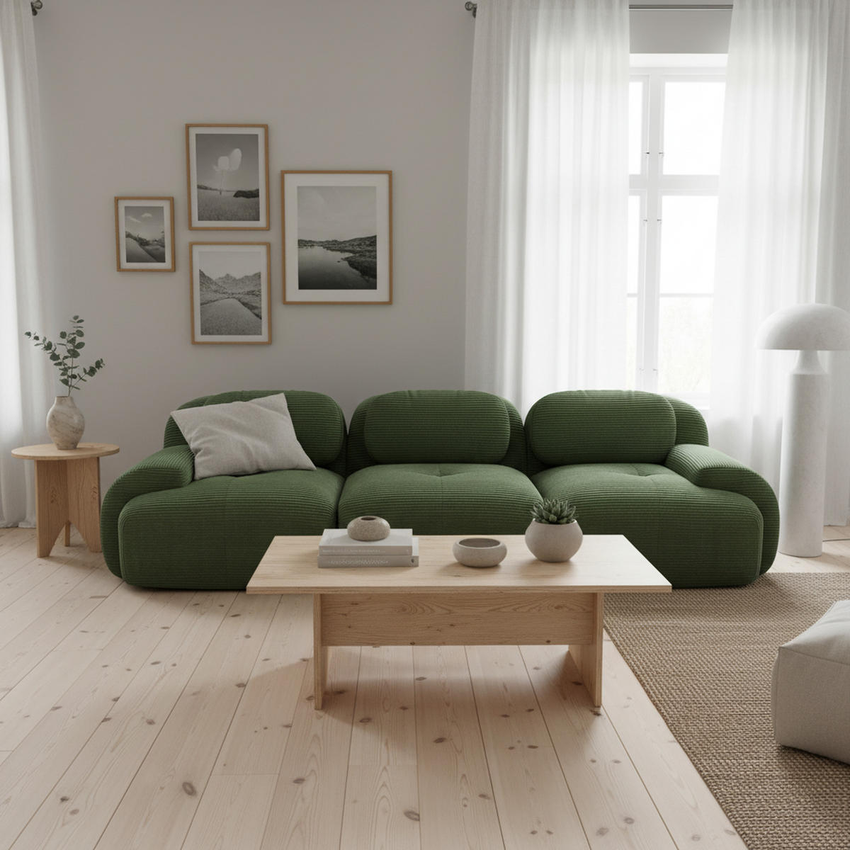 3-SITZER-SOFA in Premium-Cord Montagefrei & Rutschfest - Grün, Textil (298/75/103cm) - Urban Meuble