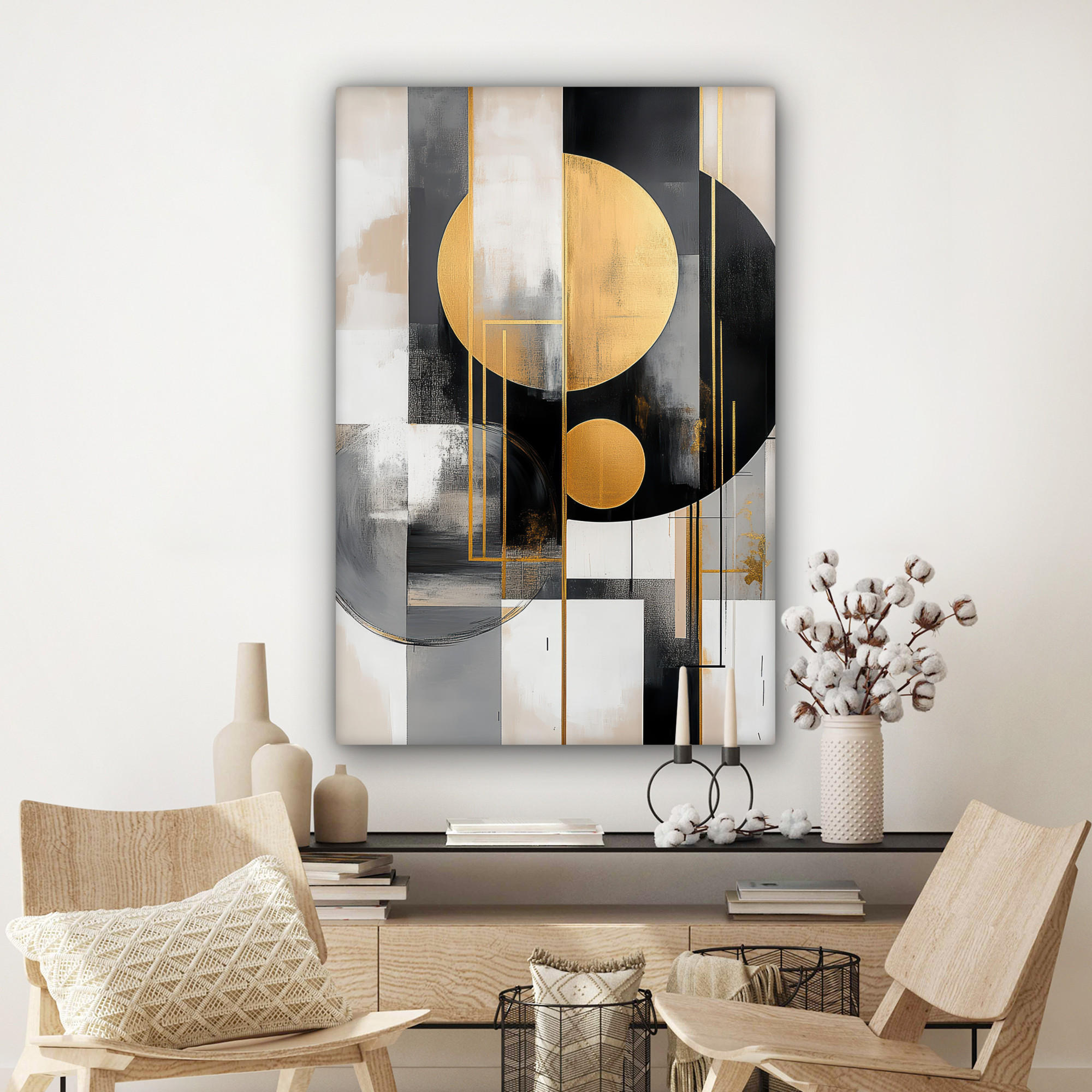 LEINWANDBILD Abstrakt - Gold - Silber - Formen - Ästhetisch - Modern 90x140 cm - Goldfarben, Textil (90/140cm) - MuchoWow