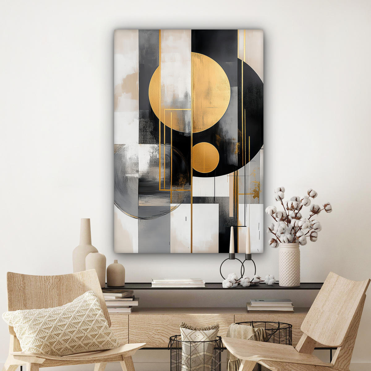 LEINWANDBILD Abstrakt - Gold - Silber - Formen - Ästhetisch - Modern 90x140 cm - Goldfarben, Textil (90/140cm) - MuchoWow