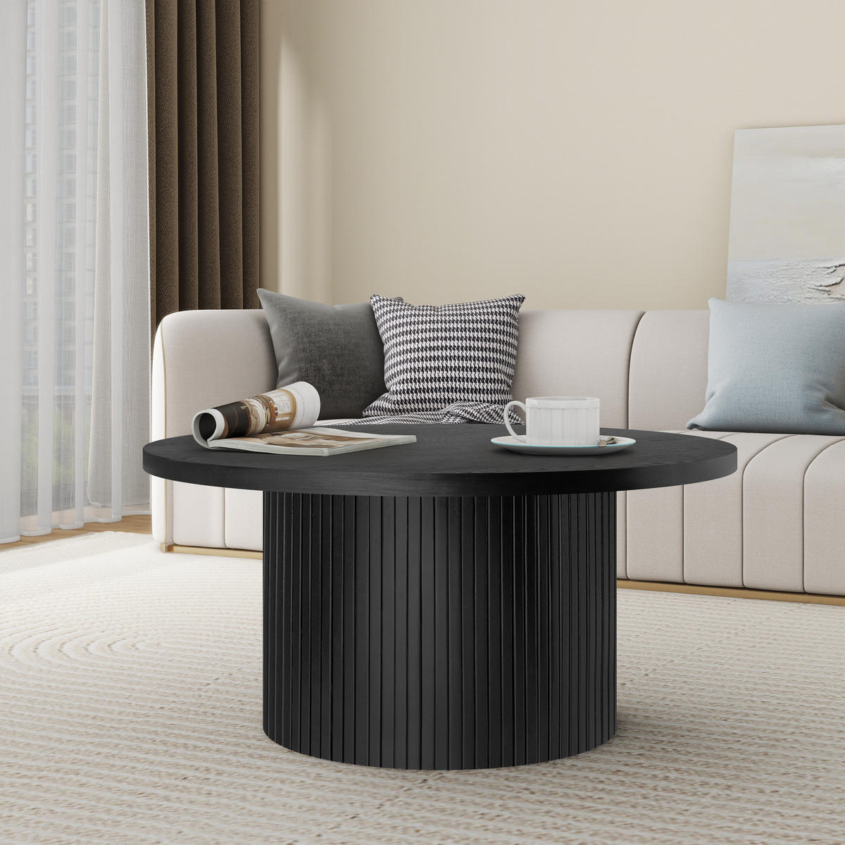 COUCHTISCH 90/45/40 cm Schwarz aus MDF und Massivholz mit vertikalen Streifen - Schwarz, Holz (90/90/45cm) - OKWISH