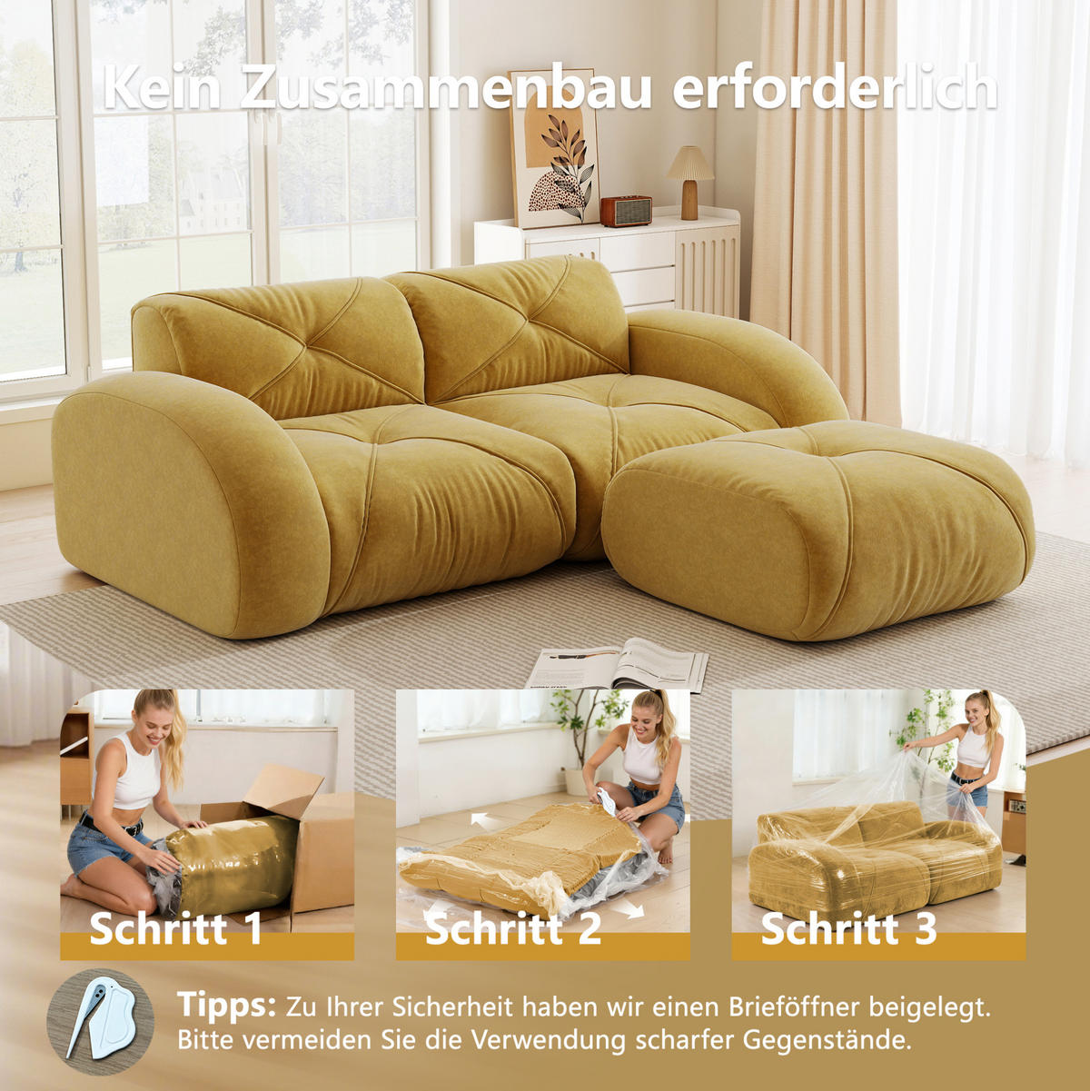 2-SITZER-SOFA aus Chenille Gelb mit Hocker, 2-Sitzer, rahmenlos und haustierfreundlich - Gelb, Textil (204/76/171cm) - Modfu