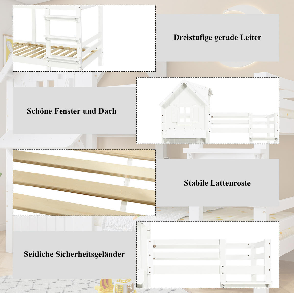 ETAGENBETT 90/200 cm, Weiß mit Dach, Fenstern und Sicherheitsgeländer - Weiß, Holzwerkstoff (90/200cm) - MIVRAY