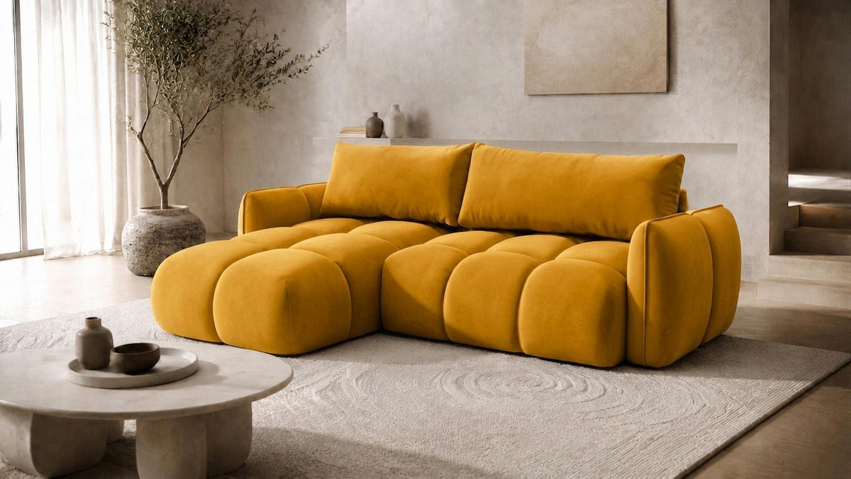ECKSOFA L-Form Mit Schlaffunktion, Veloursstoff Bluvel, Golden, Links, BELVEDER L - Goldfarben, Holz (250/168cm) - Kaiser Möbel
