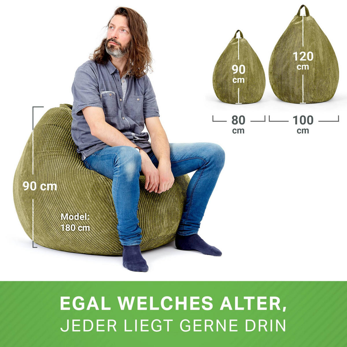 SITZSACK Indoor "Scoop" 90x110cm - Cord - Grün, Textil (90/110/90cm) - Green Bean