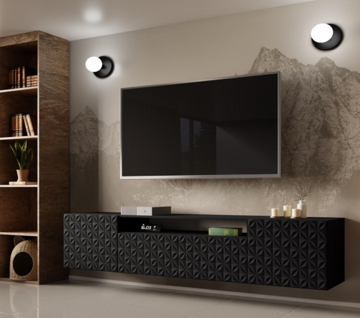 TV-SCHRANK Schwarz ALI Hängend Mit Dekorativen Fronten 200 cm - Schwarz, Holzwerkstoff (200/40/41cm) - Sepro Meble