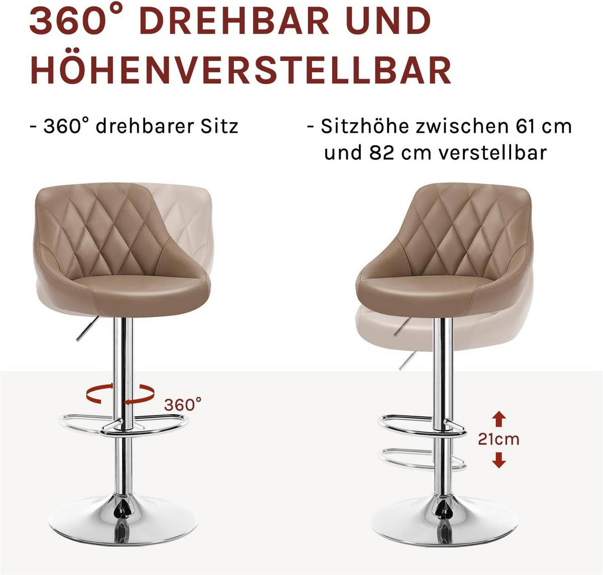 BARHOCKER 2er Set, Kunstleder,Höhenverstellbar, 360° Drehbar - Hellbraun, Metall (47/104/39cm) - Woltu