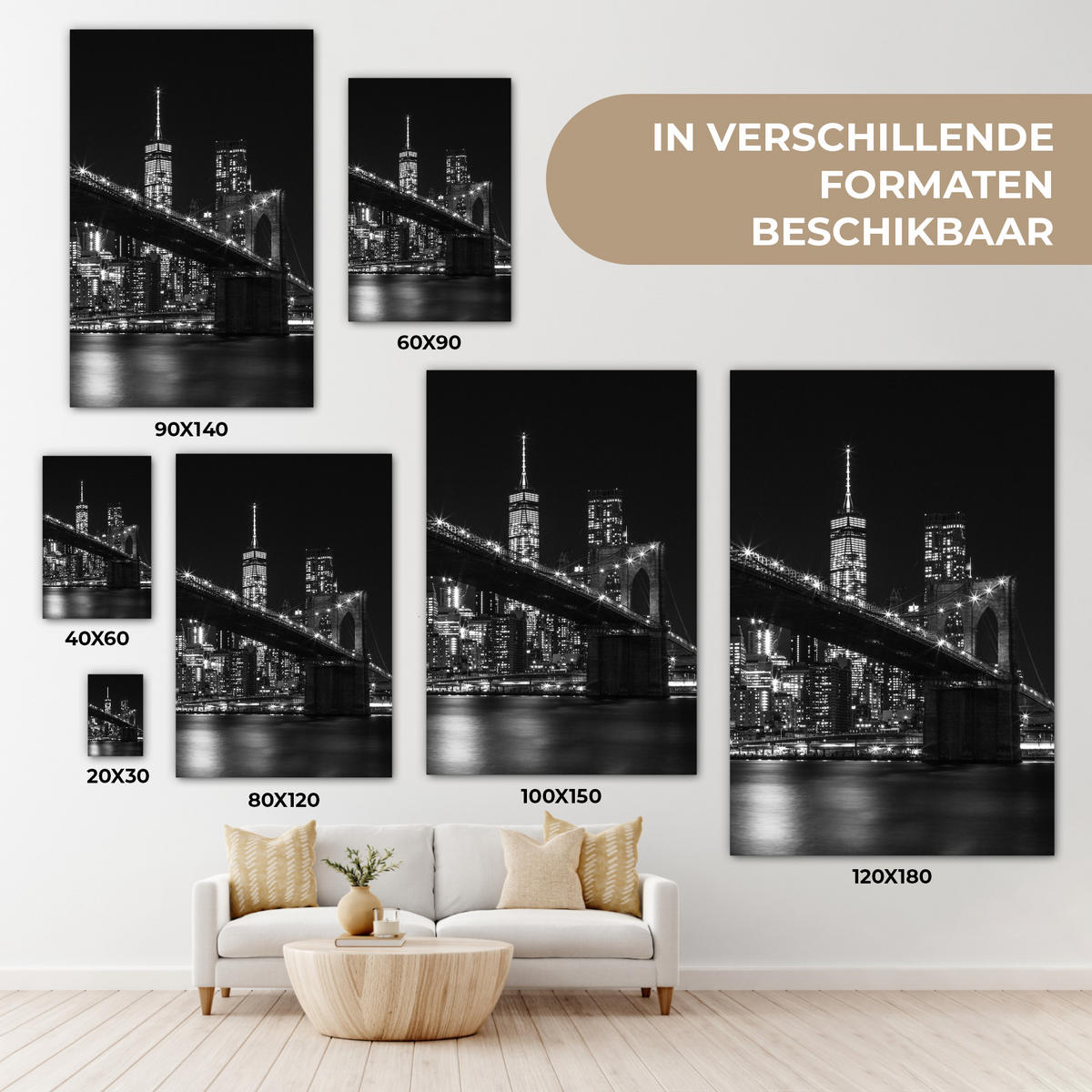 LEINWANDBILD New York - Brooklyn - Brücke 40x60 cm - Schwarz, Textil (40/60cm) - MuchoWow