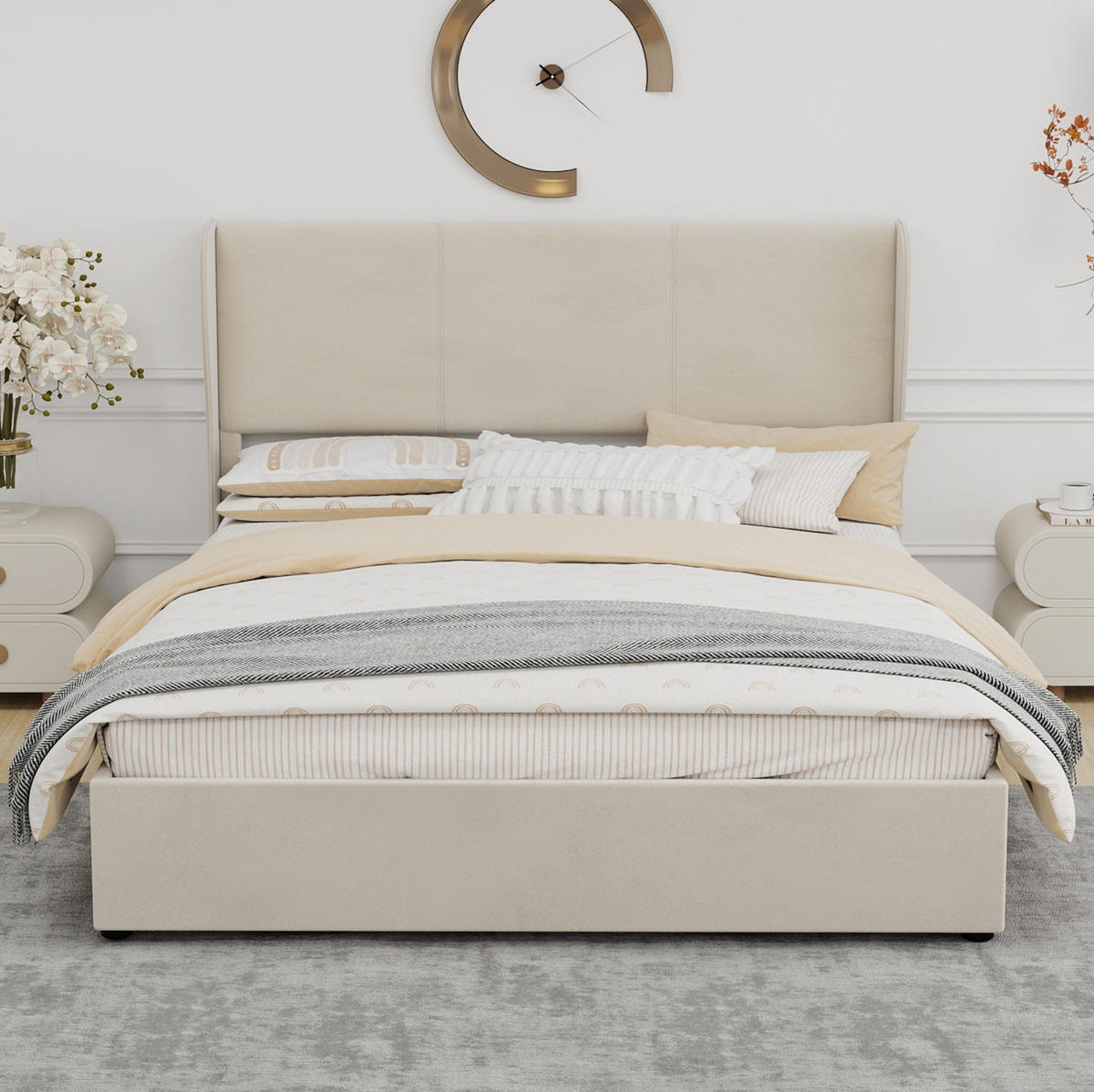 ČALOUNĚNÁ postel 160/200 cm béžová z látky a kovu s vysokým úložným prostorem a výklopným roštem - béžová, textil (160/200cm) - OKWISH