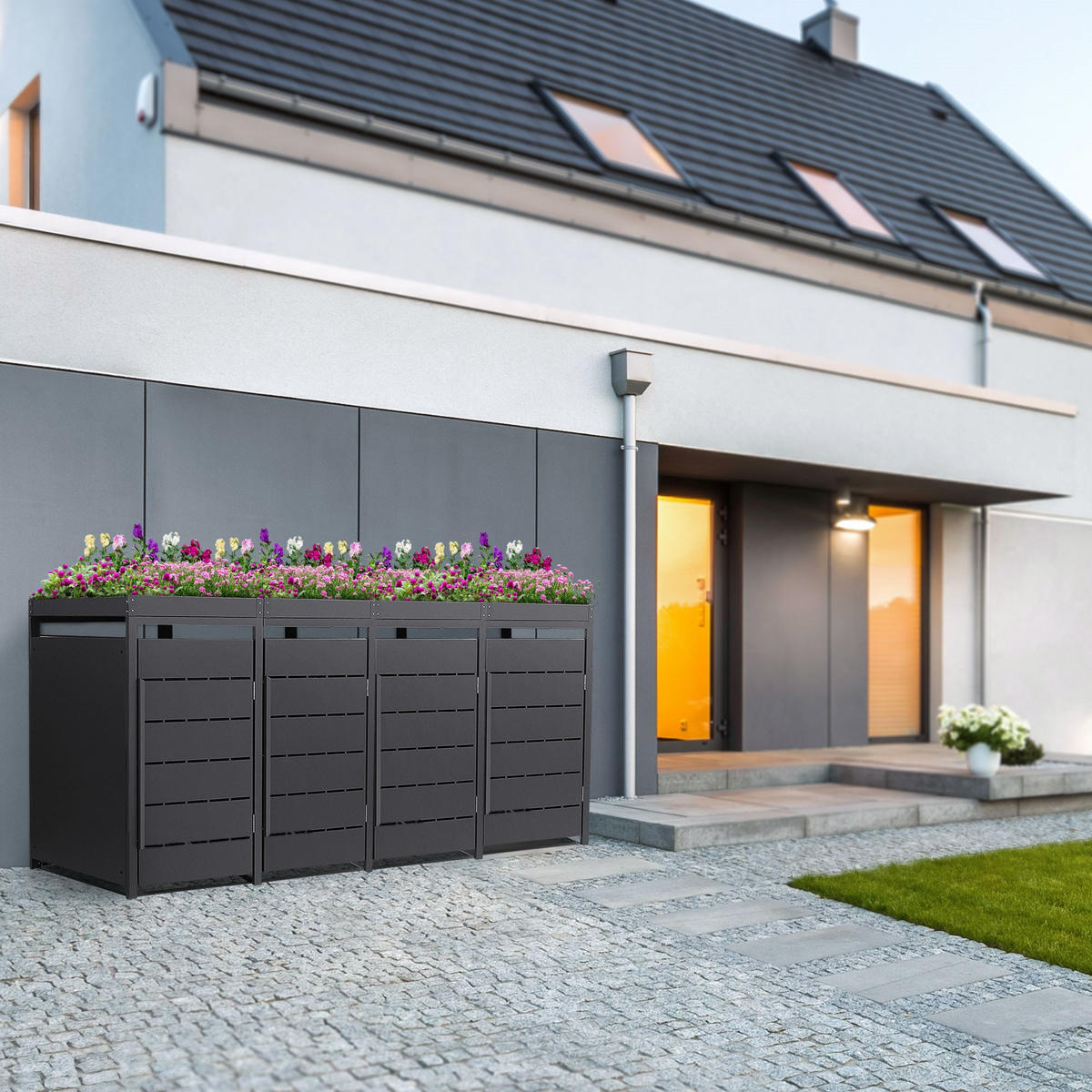 MÜLLTONNENBOX 4er mit Pflanzdach 240L 260x80x124 cm Anthrazit aus Stahl - Anthrazit, Metall (80/124/260cm) - ML-DESIGN