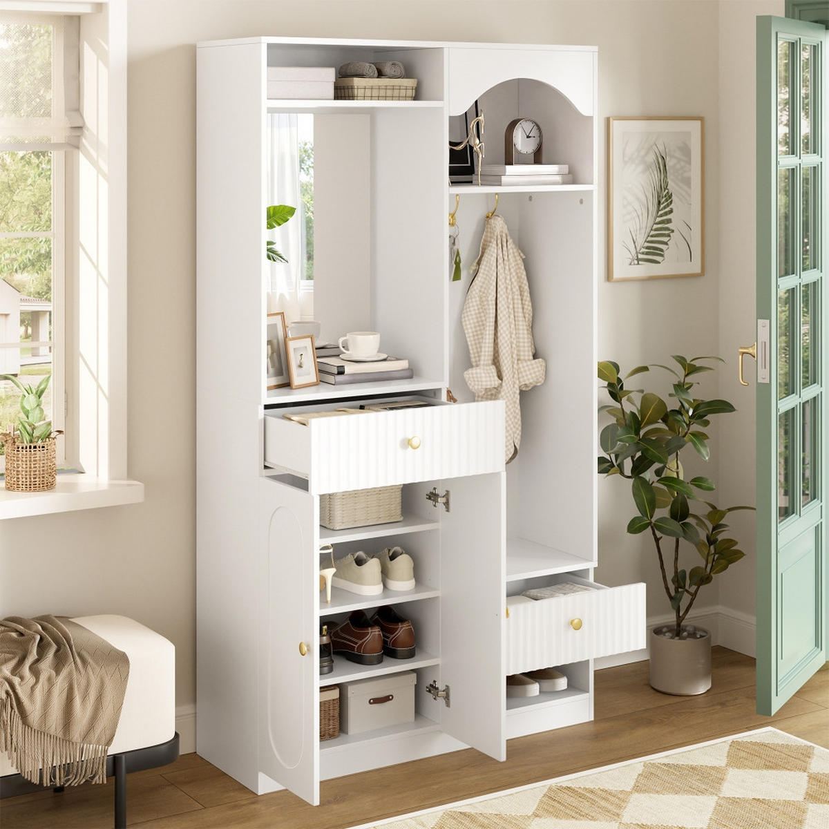 KÜCHENSCHRANK mit Spiegel und Sitzbank, MIT APP-GESTEUERTER LED-BELEUCHTUNG, MDF Weiß, modernes Flurmöbel Set, 100/180/35 cm - Weiß, Kunststoff (35/180/100cm) - Rolipo