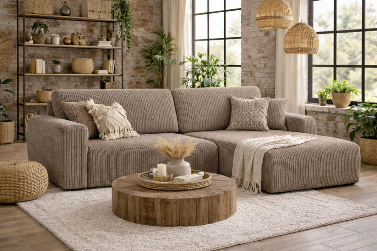 ECKSOFA Mit Schlaffunktion Ariel L, Cordstoff, Stoff Poso, Dunkelbeige, Rechts - Beige, Holz (250/142cm) - Kaiser Möbel