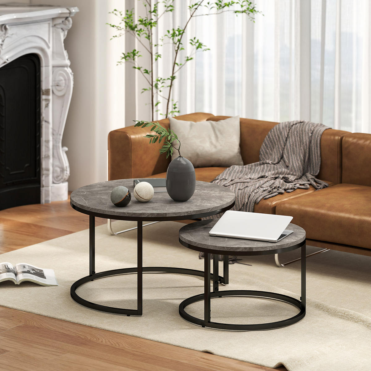 COUCHTISCH rund 2er Set Satztisch mit Metallrahmen, Marmoroptik Grau - Dunkelgrau/Schwarz, Holzwerkstoff/Metall (78.5/78.5/46.5cm) - HOMCOM