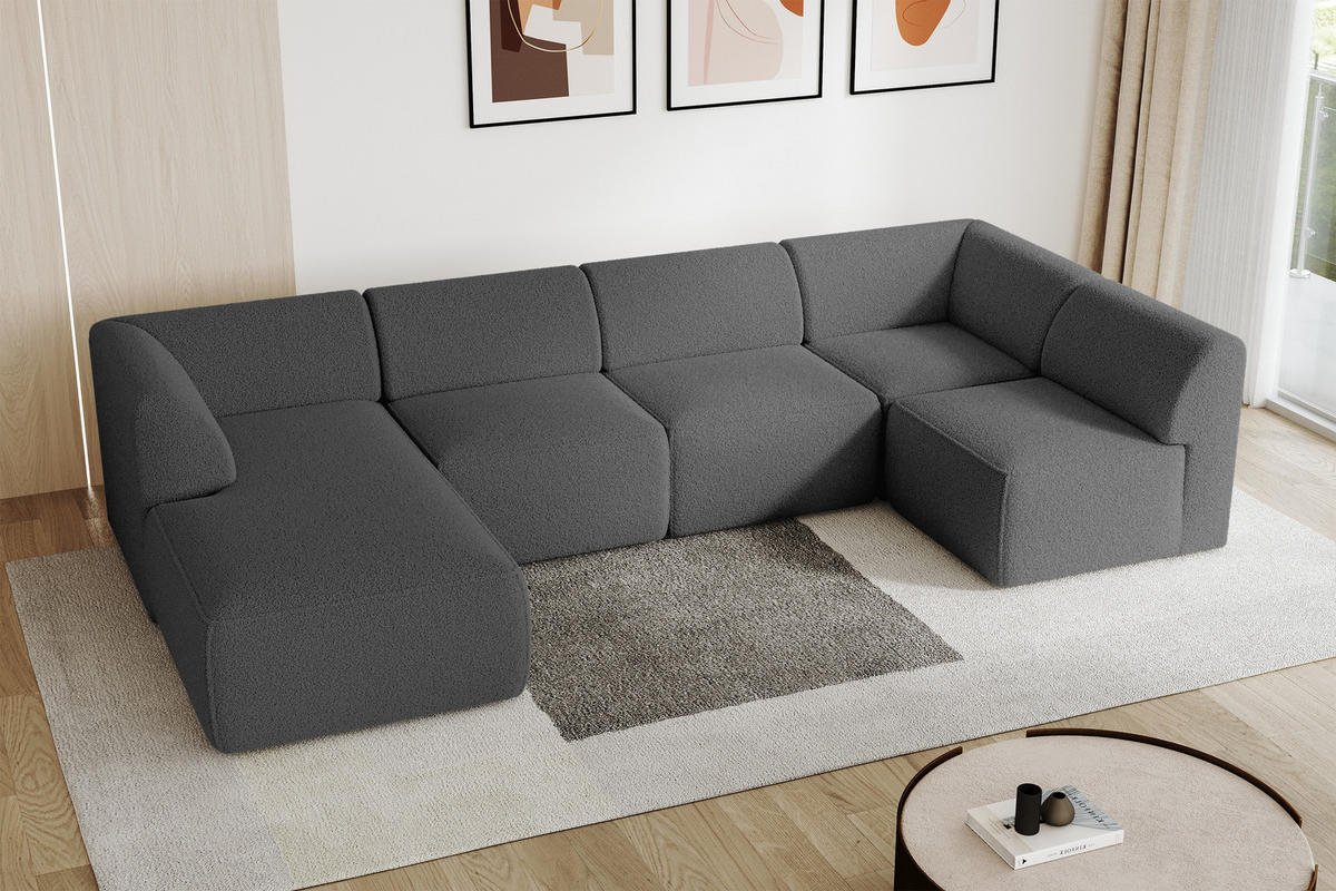 WOHNLANDSCHAFT Ottomane Links MOVA 345x180x78 Grau Bouclé - Schieferfarben/Schwarz, Holzwerkstoff/Kunststoff (180/78/345cm) - ALTDECOR